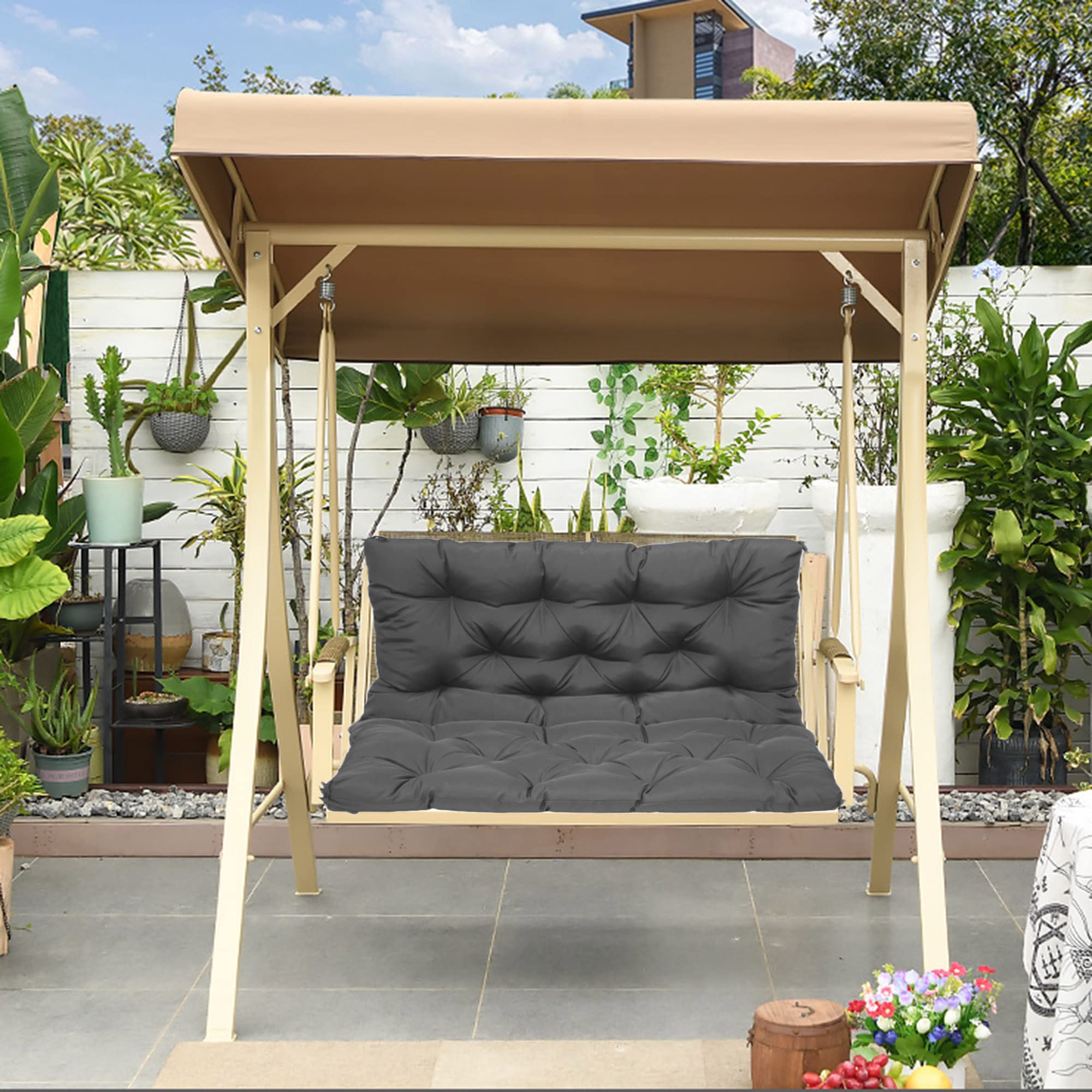 Coussin de banc de jardin gris foncé imperméable 2-3 places avec dossier 120x100x10cm