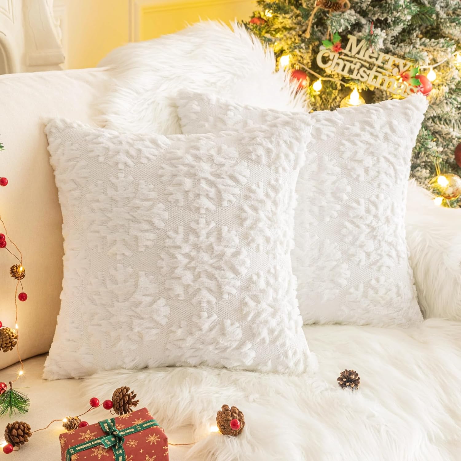 AQOTHES Set of 2 Christmas Snowflake Throw Pillow Covers 20x20 Inch, Soft Faux Fur White Decorative Xmas Throw Pillows for Couch Sofa Holiday Winter Decor White-snowflake 19.7" x 19.7" (Pack of 2)