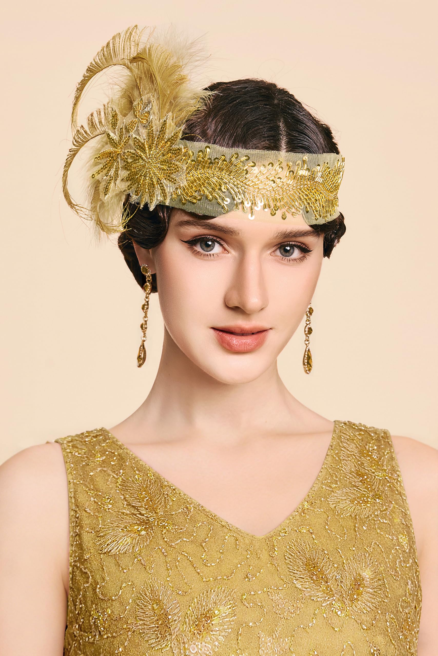 BABEYOND 1920er Jahre Feder-Flapper-Kopfschmuck – Gatsby Perlen-Pailletten-Stirnband, brüllende 20er-Jahre Accessoires für Damen (Gold)
