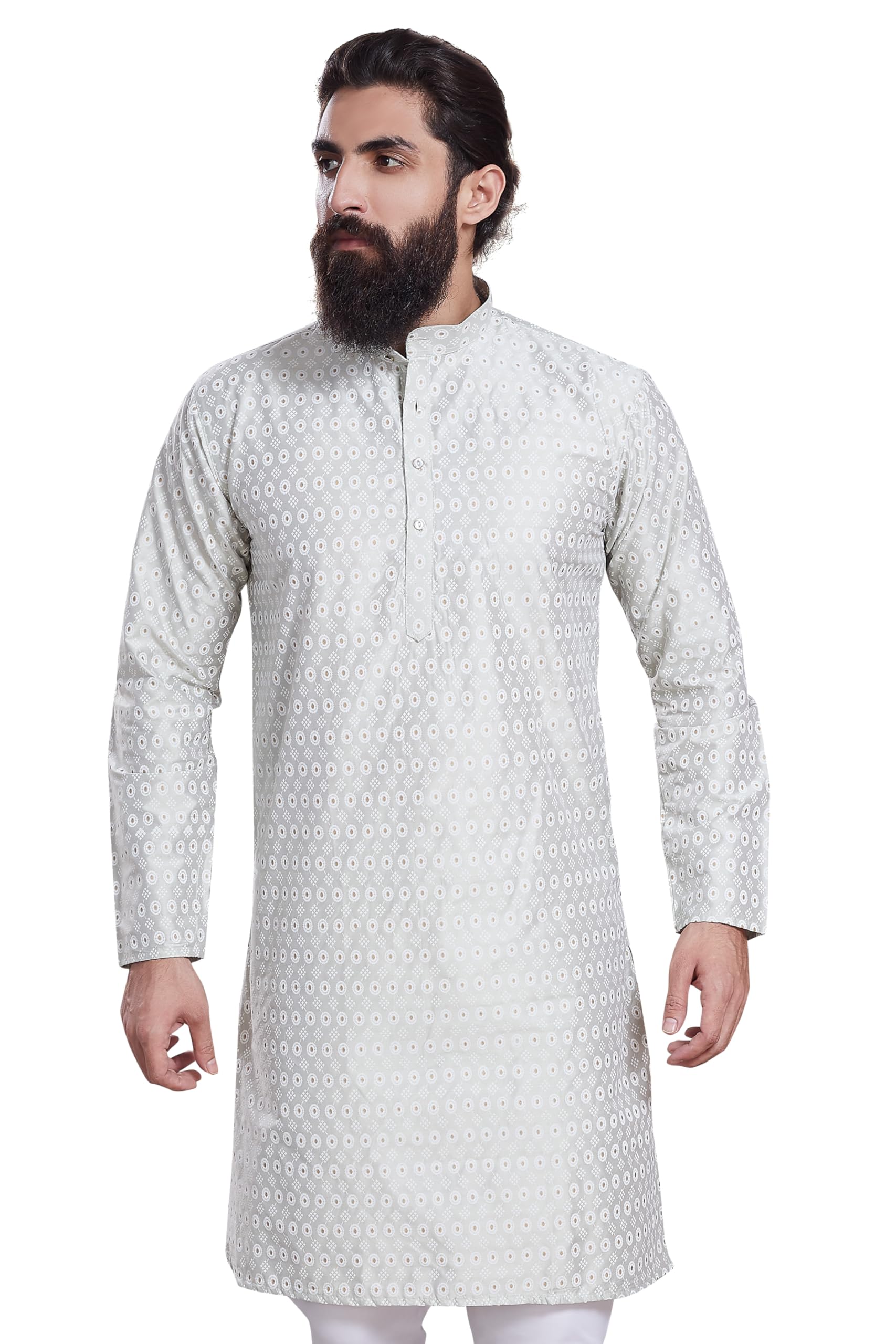 Divisive Men's Printed Cotton Silk Blend Only Slim Fit Kurta (Dkrt215_S_Lt Grey)