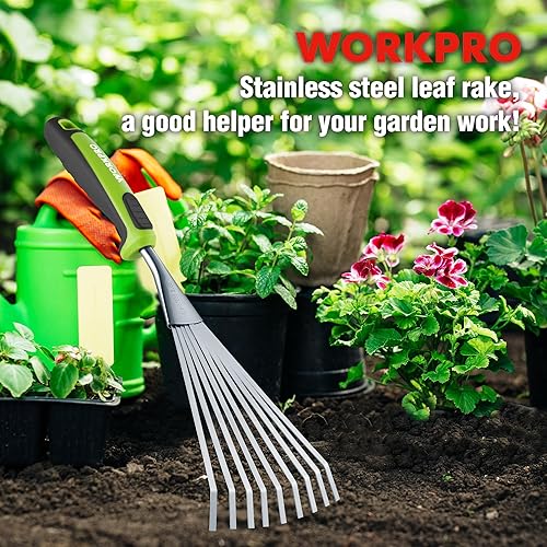 Miniatura 8 de WORKPRO Rastrillo de mano de 16 pulgadas, rastrillo de jardín de acero inoxidable resistente con mango suave, pequeña herramienta de mano de jardín