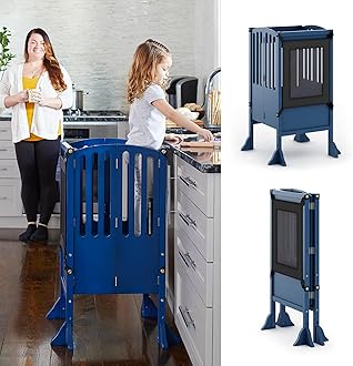 Contemporary Kitchen Helper® Stool - Royal Navy: Folding Toddler Safety Tower with 2 Keepers and Non-Slip Mat, Adjustable Height Step Stool for Little Helpers, Kids Learning Furniture