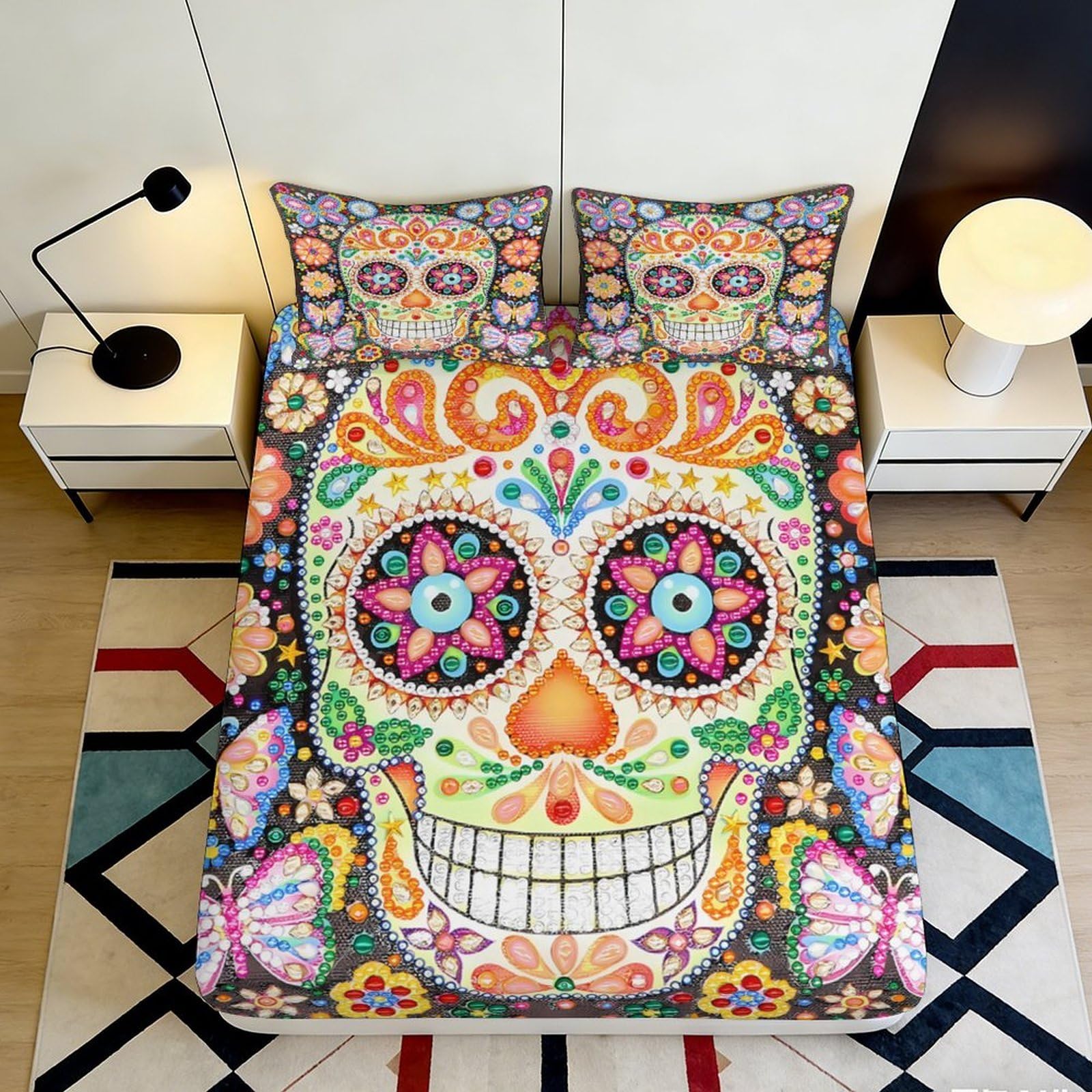 3D Printed Sugar Skull Fitted Sheet Microfiber Soft Colorful Day of the Dead Mattress Cover for Bedroom Dorm Decor 90x200x25cm
