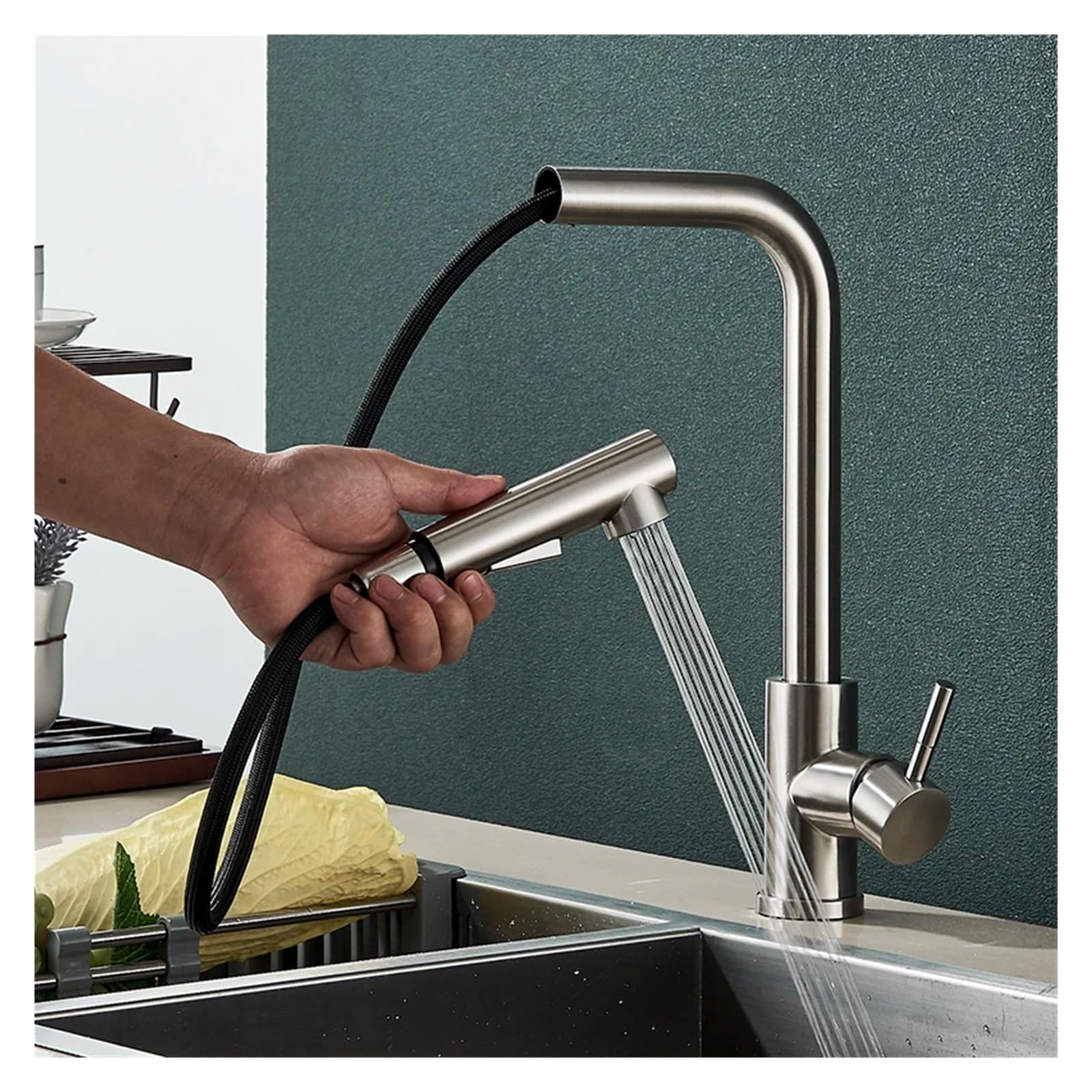 Robinet d'évier extractible argent pour cuisine et salle de bain