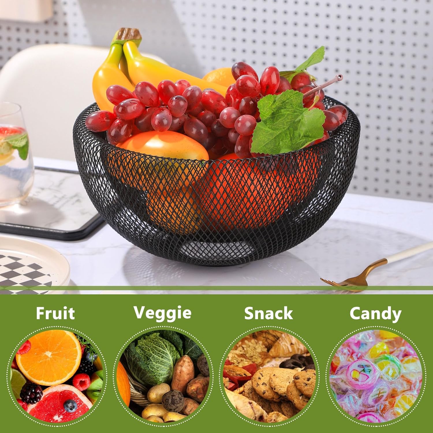 IBWell Metal Wire Woven Fruit Storage Bowl Basket for Kitchen, Large Black Mesh Fruit Stand, for Apple, Pineapple, Banana, Orange, Lemon, Pear, Strawberry, Watermelon (Black, Large)
