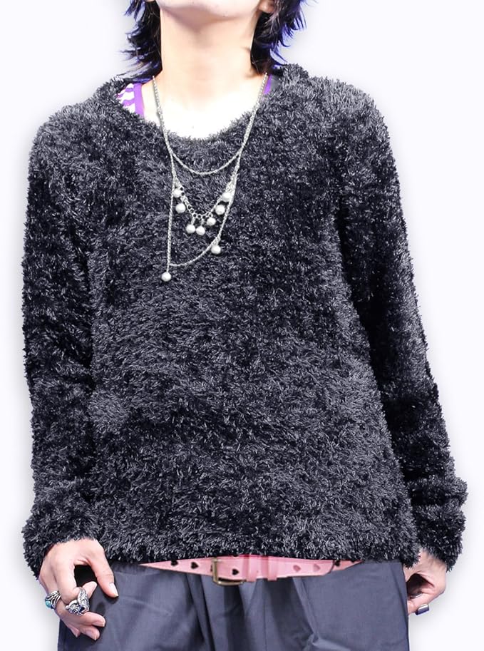 Amazon シャギーニットセーター 3カラー カットソー メンズ ニット シャギー 長袖 Black 黒 Mサイズ Tシャツ カットソー 通販