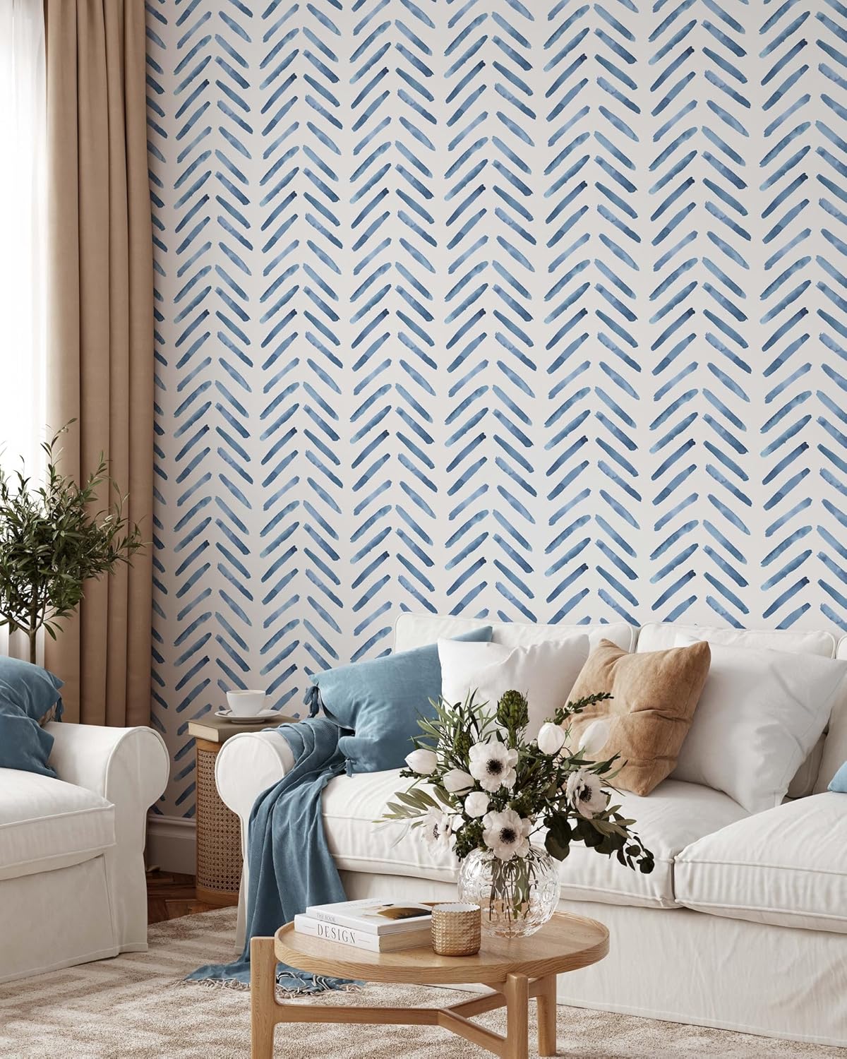 Blue Herringbone Peel and Stick Wallpaper | Removable Blue Mural | Watercolor Navy Self Adhesive Wallpaper (1 roll 24" W x 96" H)