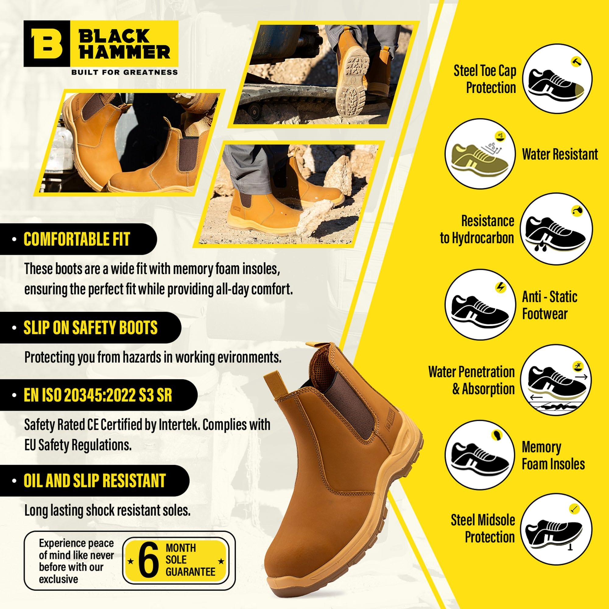 Black Hammer męskie wkładane buty ochronne chelsea buty bhp brązowa skóra stalowe noski do pracy za kostkę lekkie obuwie S3 SRC Alex (40 EU)