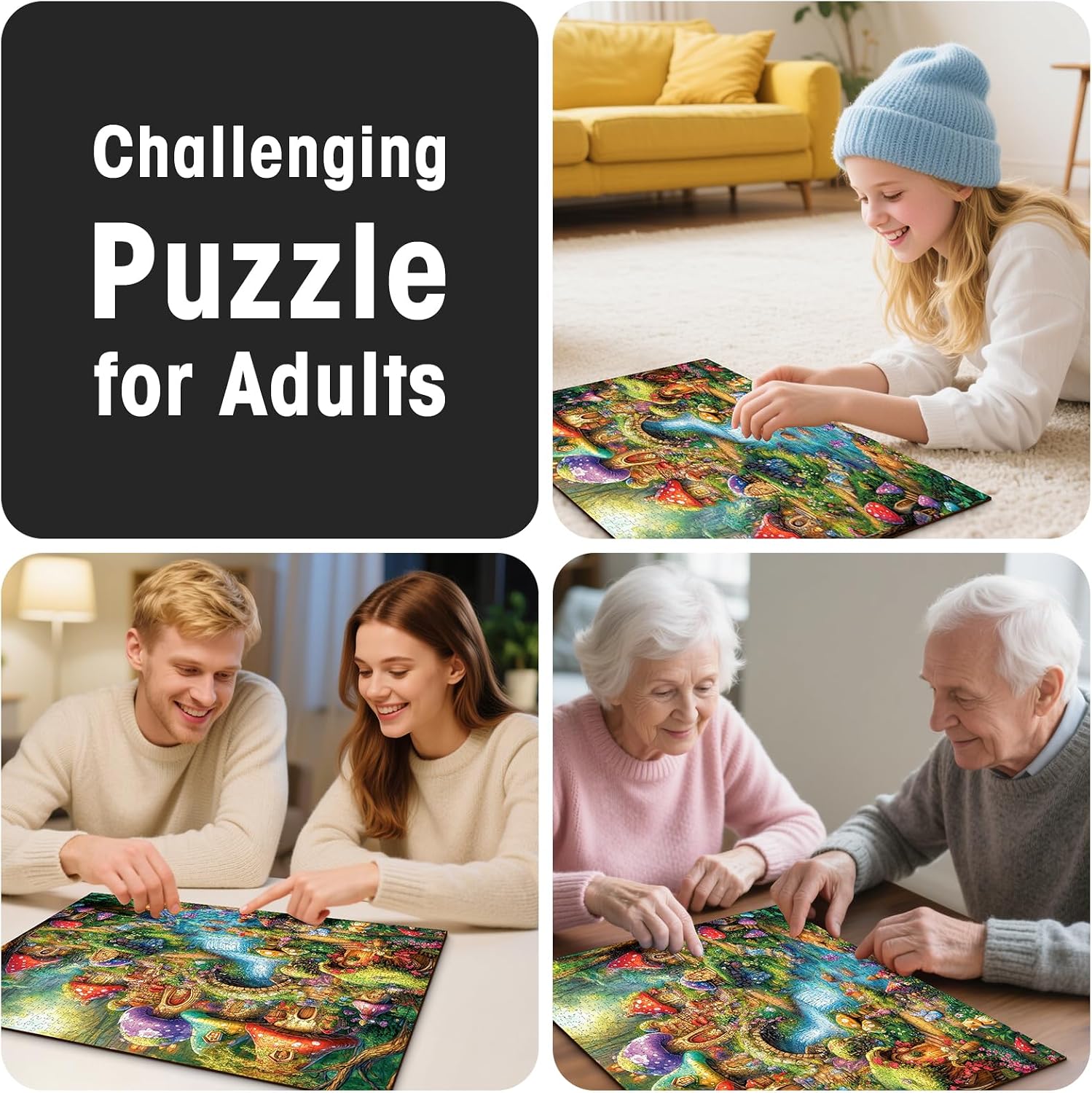 Fantasy Mushroom House Puzzles for Adults 1000 Pieces with Letters on Back, Colorful Fairy Cottage & Magical Forest Scene, 28x20 Inch Challenging Jigsaw, Unique Home Decor & Game Night Gift
