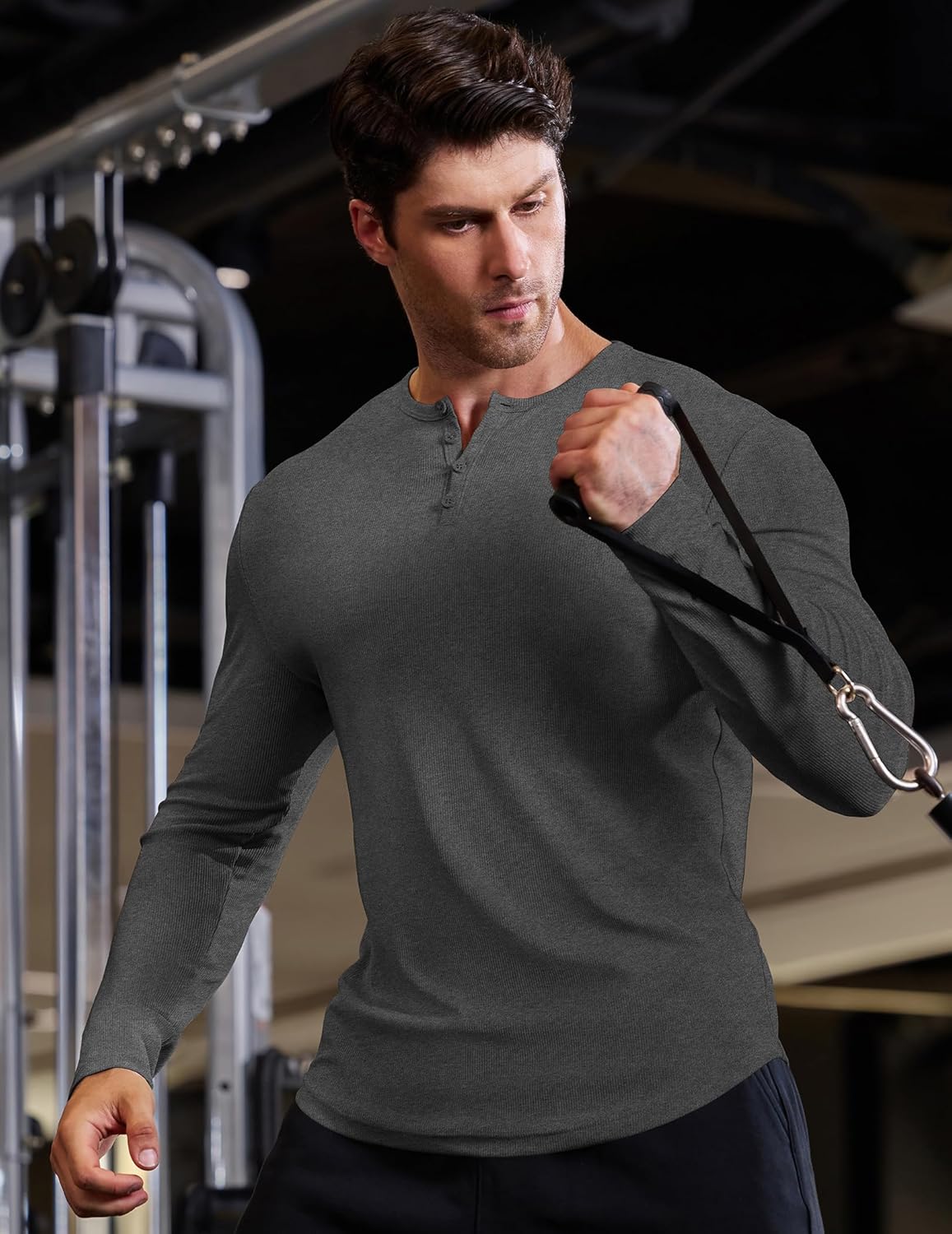 JMIERR Mens Fashion Muscle Henley Shirt V Neck Long Sleeve Slim Fitted Casual Curved Hem Athletic Gym Workout Shirts - Image 3