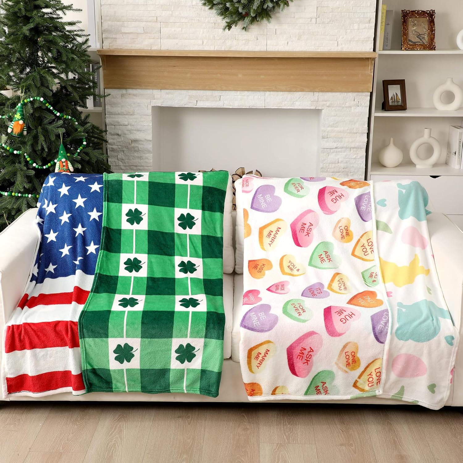 2 Pcs St. Patricks Day Patriotic US Flag Blanket and Easter Conversation Heart Throw Blanket Reversible Double Sided 50 x 60 in Flannel Interchangeable Seasonal Blankets Room Decor