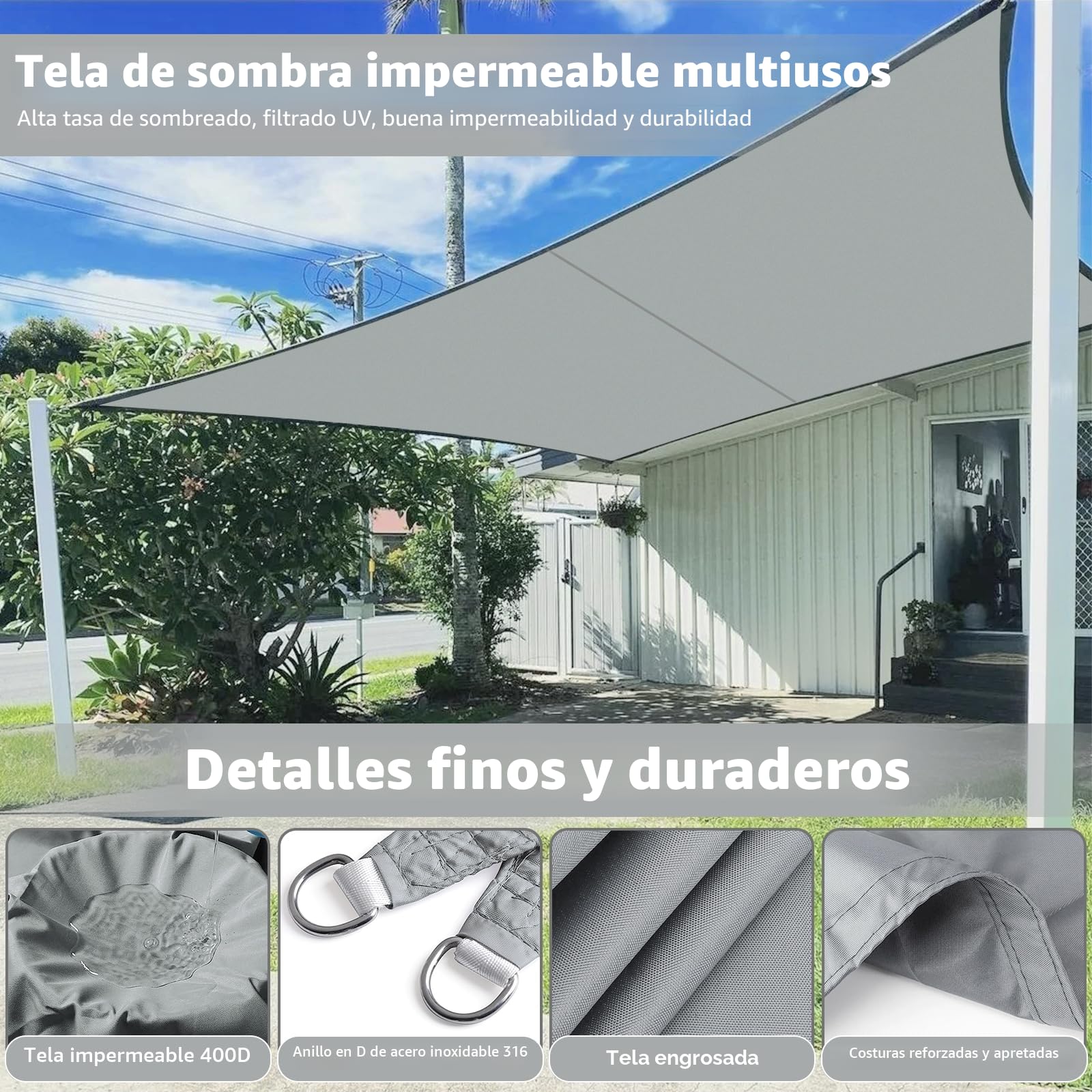 Toldo 3x4m, impermeable, solar y anti-viento, rectangular, cuerdas de fijación, tela para jardín, balcón y terraza, color gris