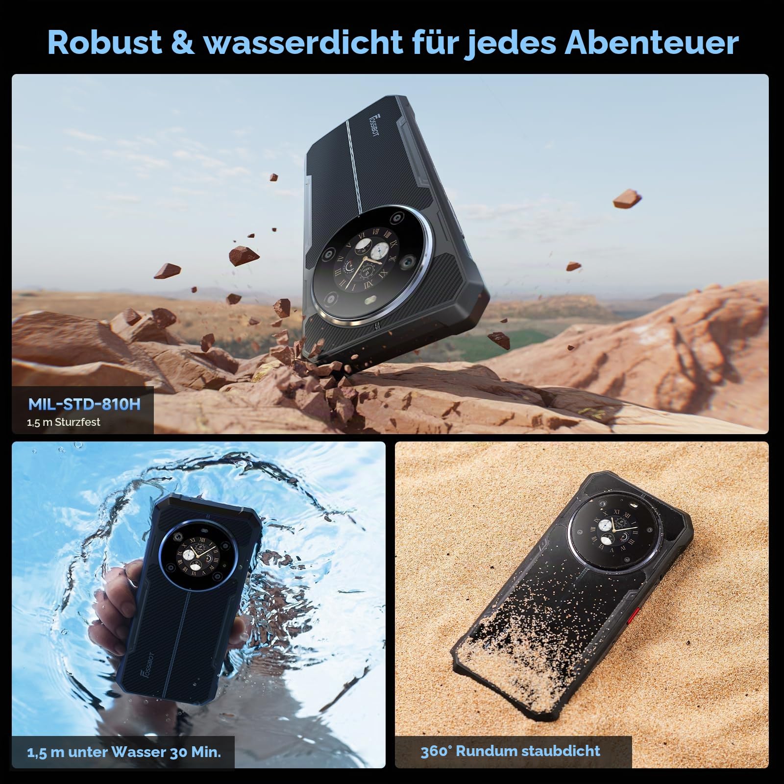 FOSSiBOT F109S Outdoor Smartphone Android 15, 24GB + 256GB/2TB Handy ohne Vertrag, 10600mAh Akku, 6,75" FHD+1.32 Dual Bildschirm, 50MP Kamera, IP68/IP69K, Dual SIM 4G/NFC/Face ID (Blau-256GB)