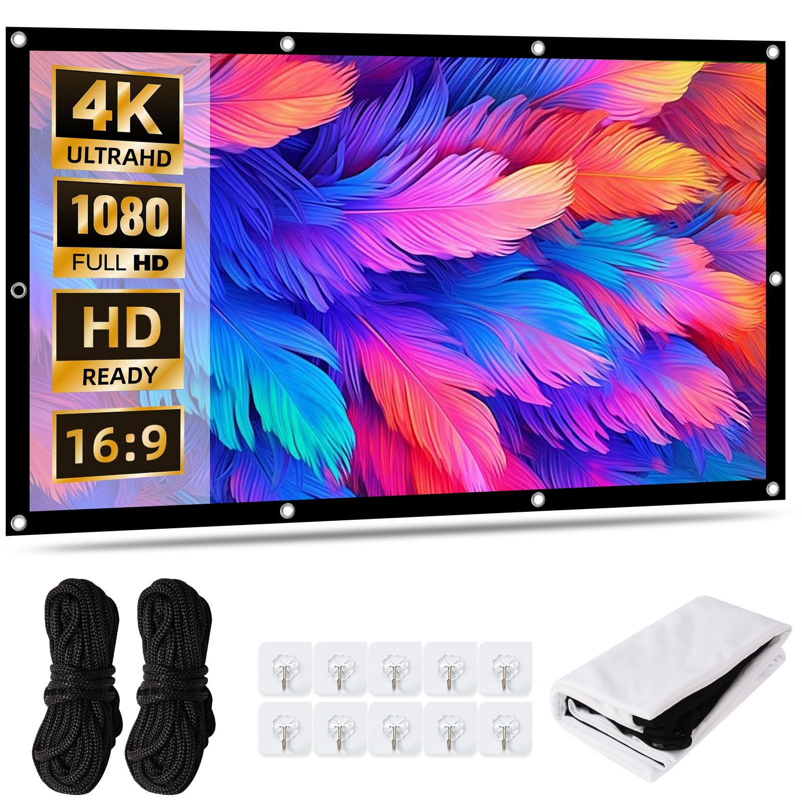 Leinwand Beamer 100 Zoll, 16:9 4K HD Projektionsleinwand aus verdickter Milchseide, tragbare Beamer Leinwand mit 10 Haken & 2 Bindeseilen, für Heimkino, Büro, Schule, Party und Outdoor