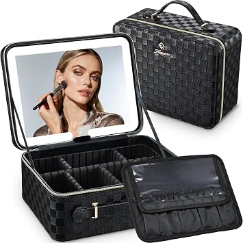 Makeup Bag with LED Mirror, Large Travel Make up Organiser Box Portable Makeup Case Cosmetic Bag Vanity Cases with Adjustable Compartment, 3 Color Modes Light Up Mirror Make Up Case, Gift for Women