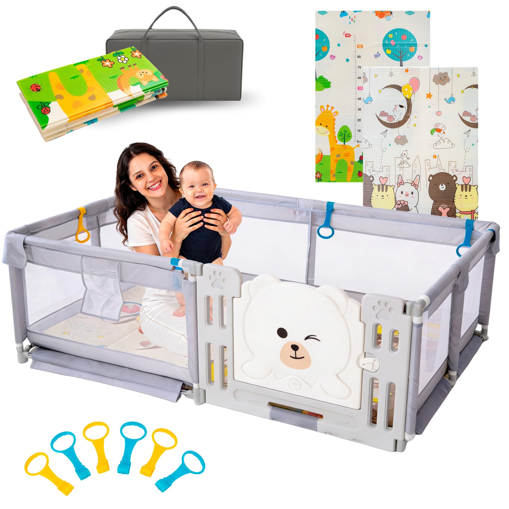 PARVULI Parque Infantil Bebe - Corralito Bebe con 6 agarraderas y Alfombra de Juegos Acolchada - Parque Bebes para Casa Plegable con Malla Transpirable y Vayas con Protecciones (Osos 120x180 cm)