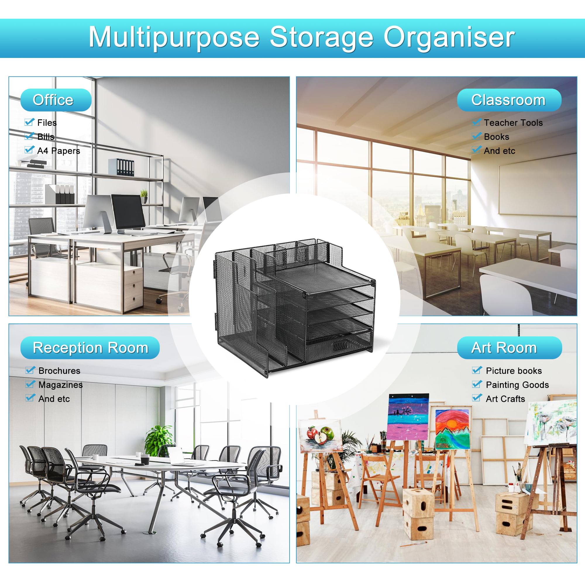 TQVAI Organizer da scrivania a 5 ripiani con organizer verticale per raccoglitore, organizer per lettere, portapenne, nero