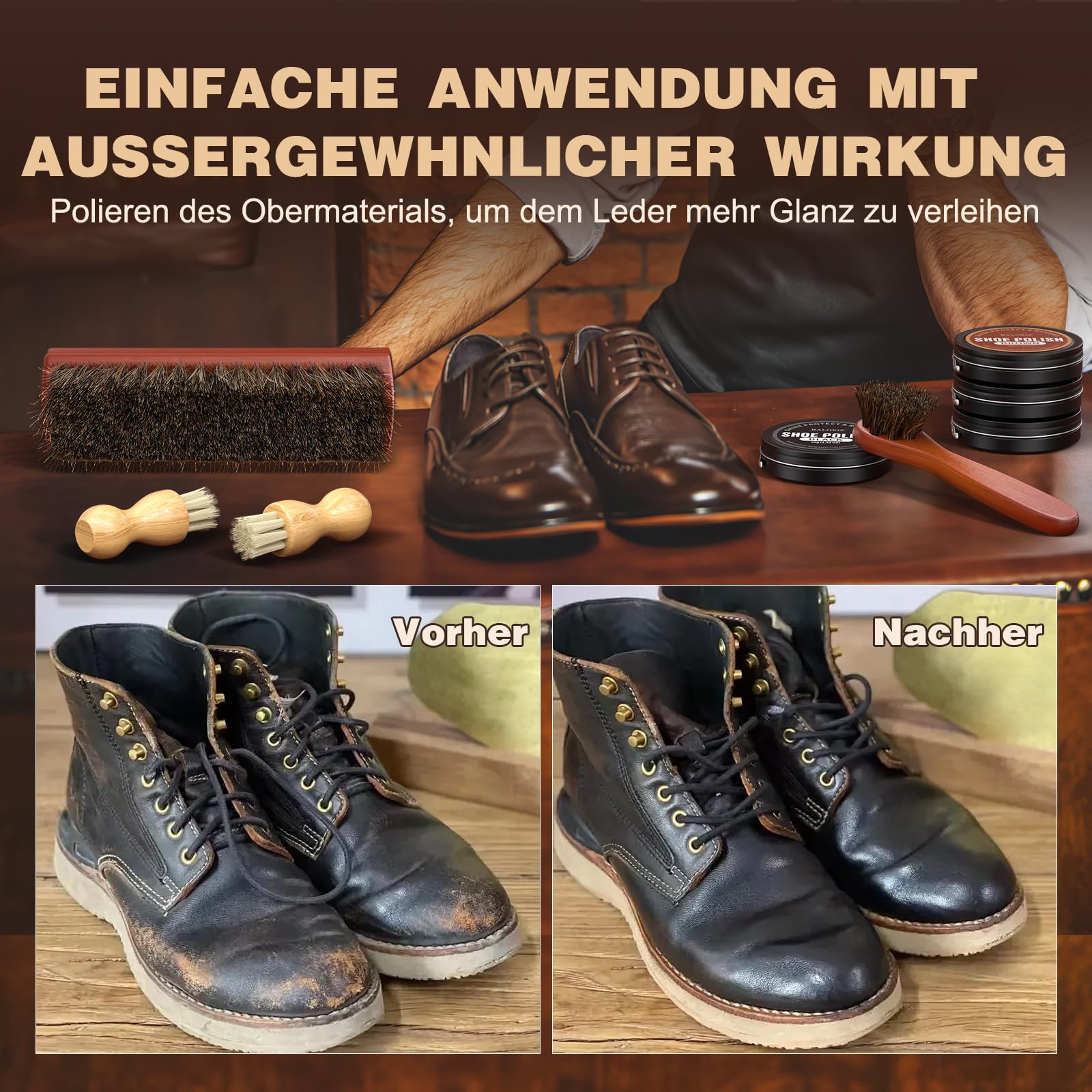 Schuhcreme & Pflegeset, Schuhputzset für Leder mit Schuhbürsten, Schuhcreme für Lederstiefel, Schuhpflege und -reinigung als Geschenk für Männer und Frauen Vatertags-Geschenkset