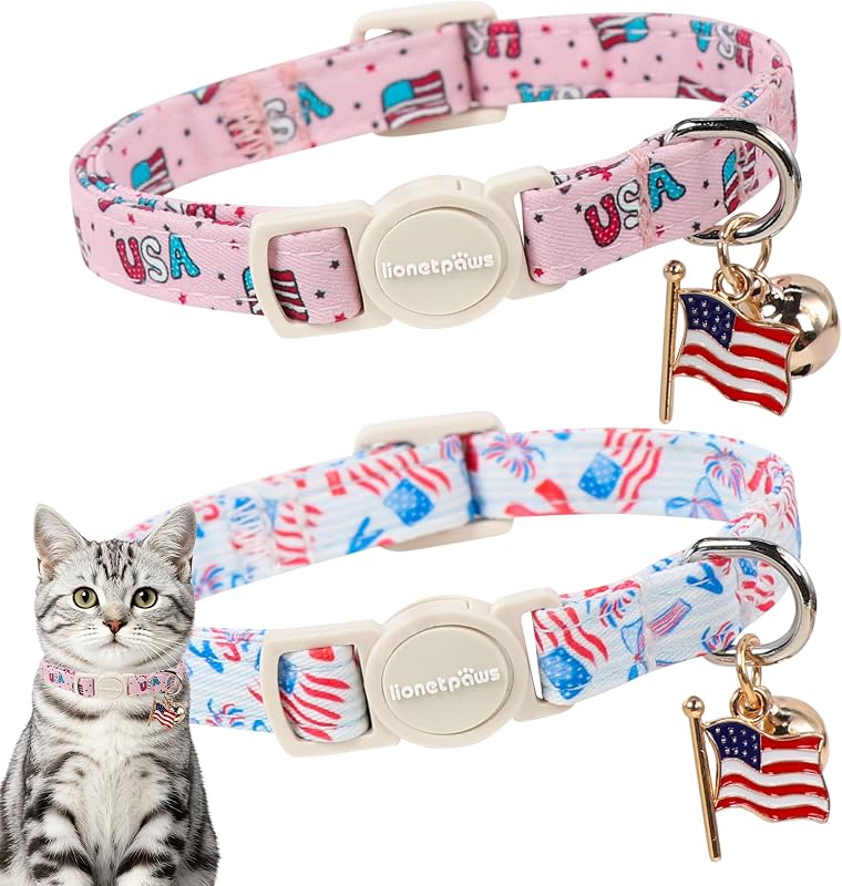 Coleira Ajustável para Gatos com Fecho Breakaway, Sino e Estampas Patrióticas LIONET PAWS, Pacote com 2