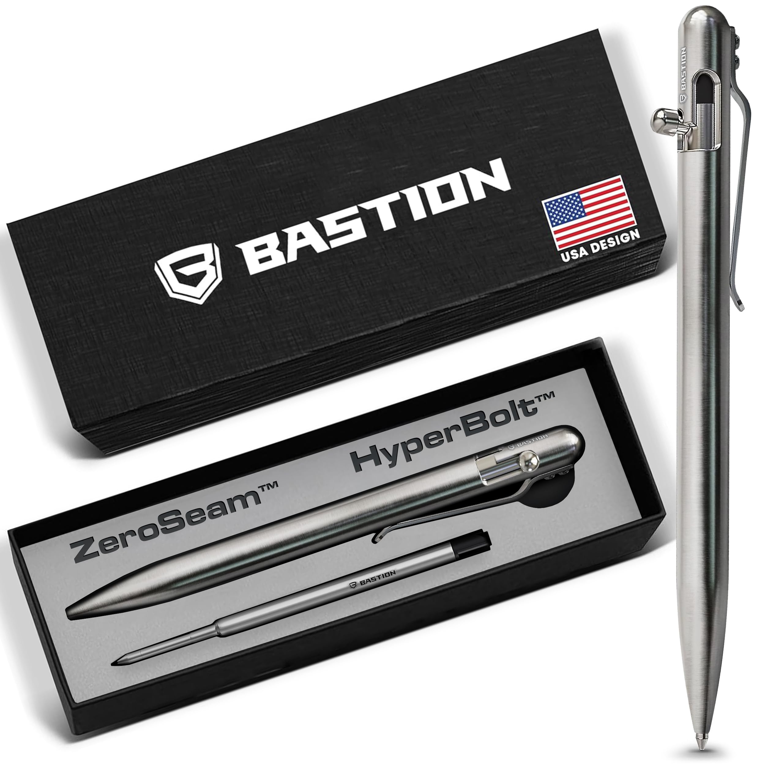 BASTION® Luxury Slim Bolt Action Pen, Durable EDC Pen with Fine Tip, Professional Ballpoint Pen for School and Work - Stainless