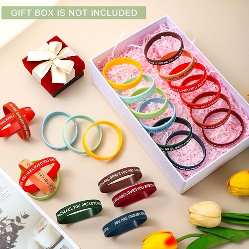 Vista 17 de Roowest 120 pulseras motivacionales a granel para estudiantes, bandas de goma inspiradoras, pulseras de silicona de afirmación elástica, premios