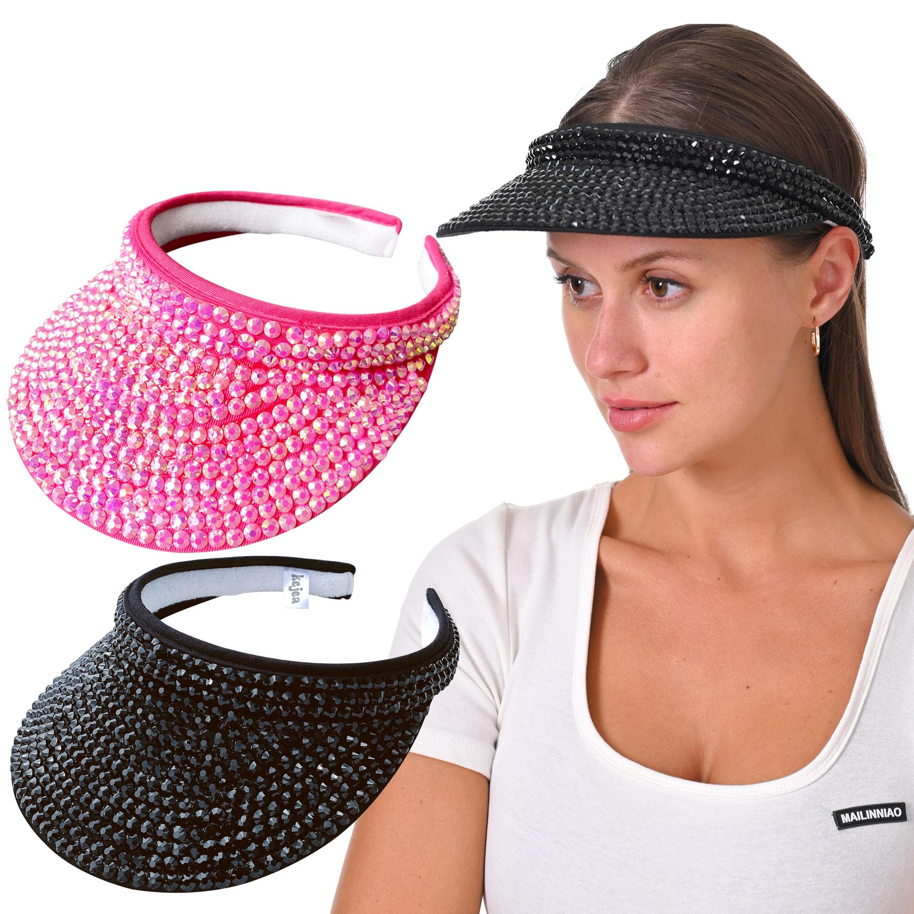 2 Pack Sparkly Rhinestone Clip on Visor Hats Women Men Sun Visors Hat Crystal Studded Shiny Sports Golf Beach Tennis Caps