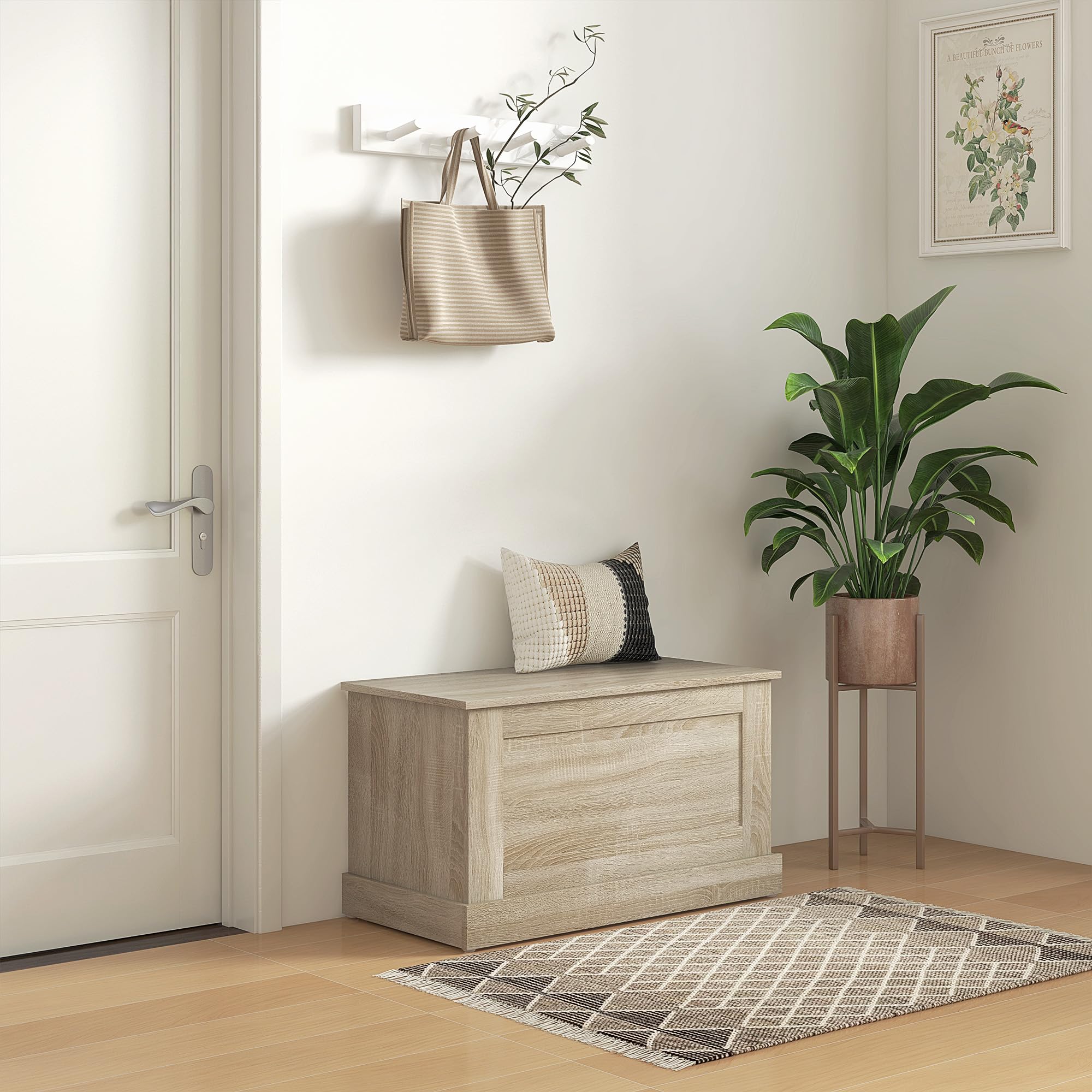 HOMCOM Baúl de almacenamiento, baúl de juguetes de madera, con bisagra de seguridad, para salón, pasillo, 80 x 40 x 45 cm, madera natural
