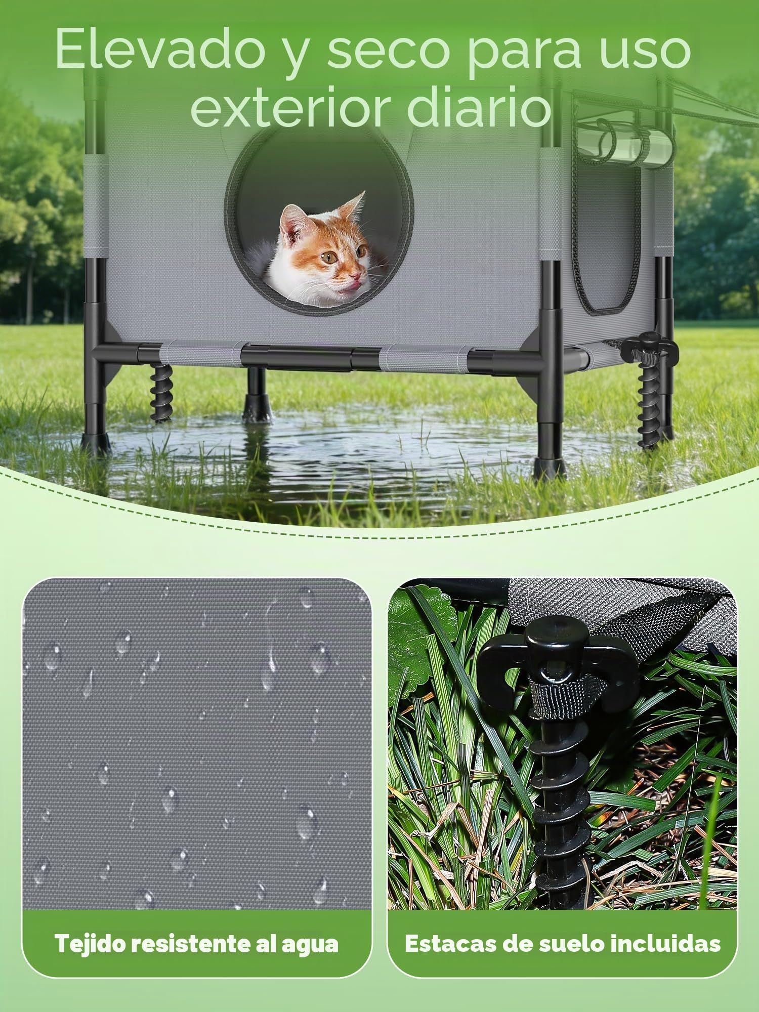 Rywell Casa para Gato de Exterior Elevada con Terraza,61x46x96cm Casa para Gato de Dos Niveles con Dosel, Dos Puertas y Una Alfombra, Adecuada para Hogares con Varios Gatos (Gris)