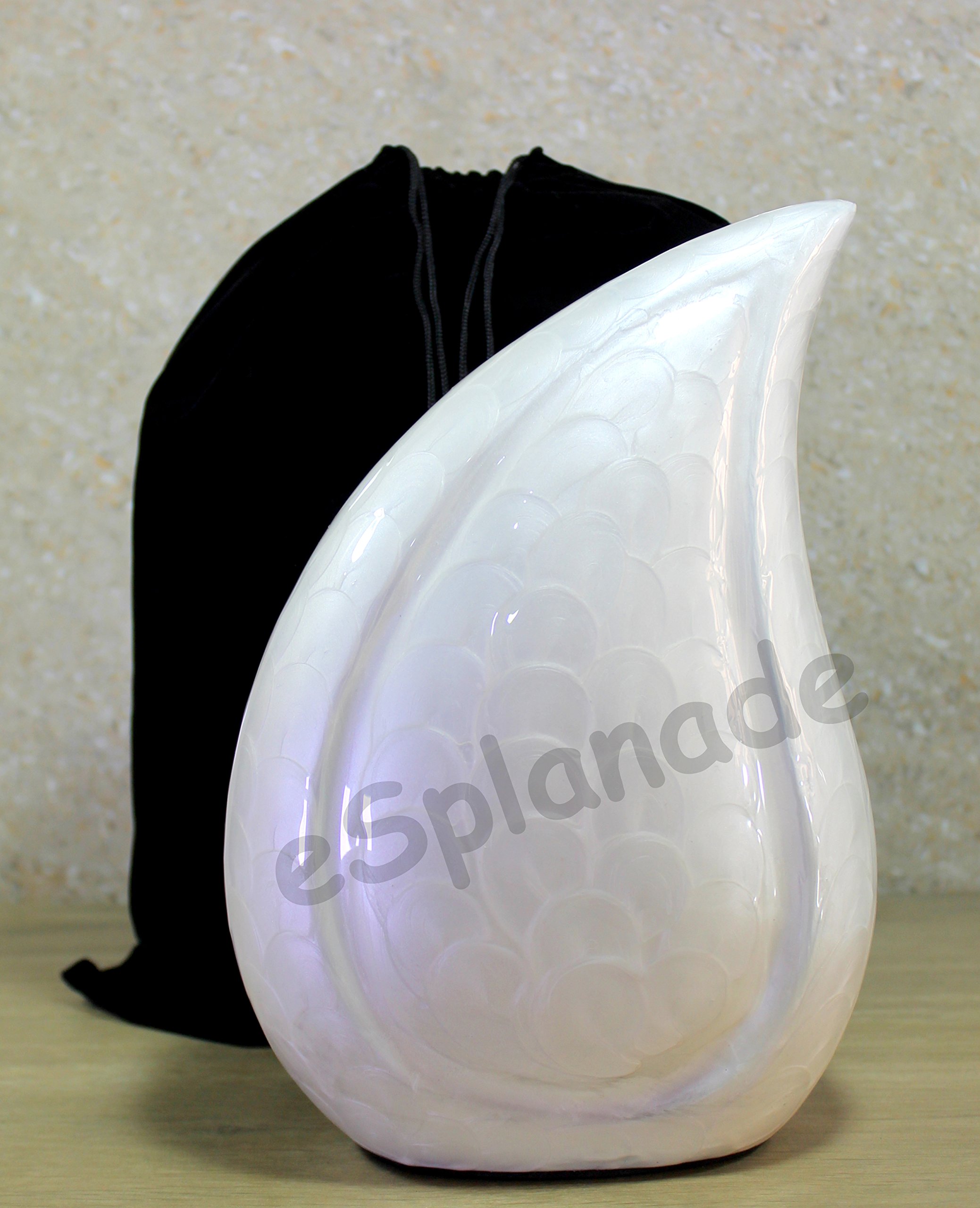 eSplanade Metall-Urnen-Gedenkglas-Behälter | Geprägte Urne in voller Größe für die Beerdigung von Asche | Tropfenförmige Metallurnen | Feuriges Rot – 10 Zoll (Weiss)