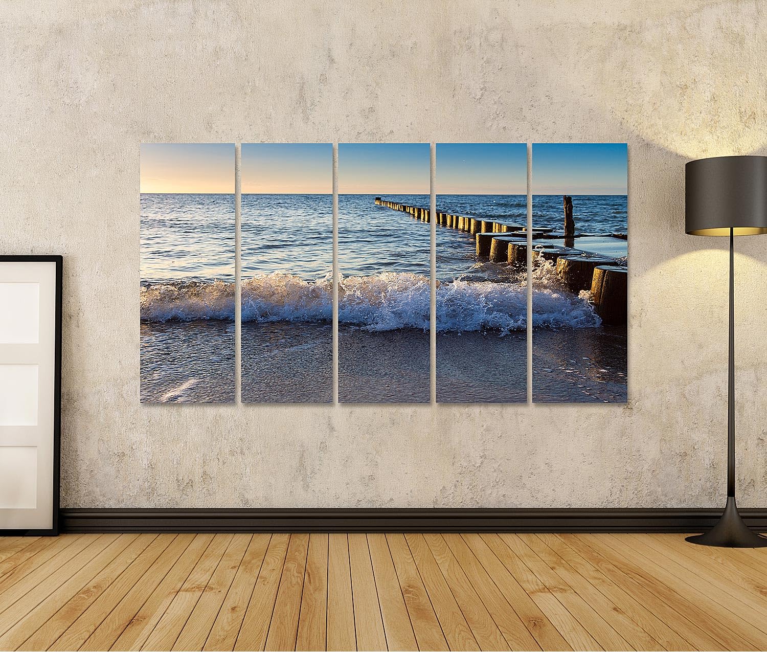 islandburner Bild auf Leinwand Wellen am Ostseestrand bei Sonnenuntergang Bilder Wandbilder 160x80cm