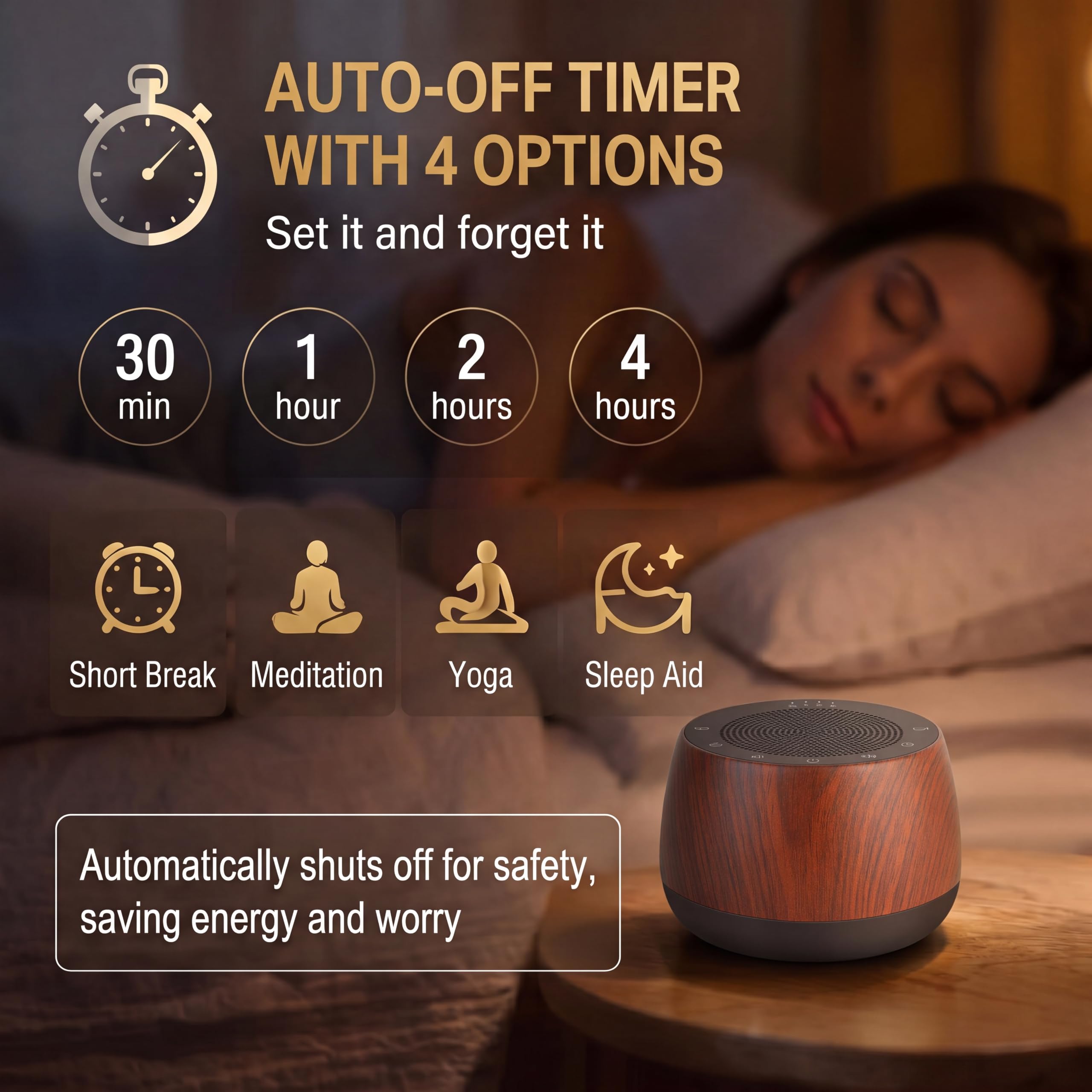 Cuenco Tibetano Electrónico, Máquina de Sonidos Inalámbrica con Temporizador, Accesorios de Meditación Yoga y Dispositivo de Terapia de Sonido para Casa y Estudio (Veta de Madera)