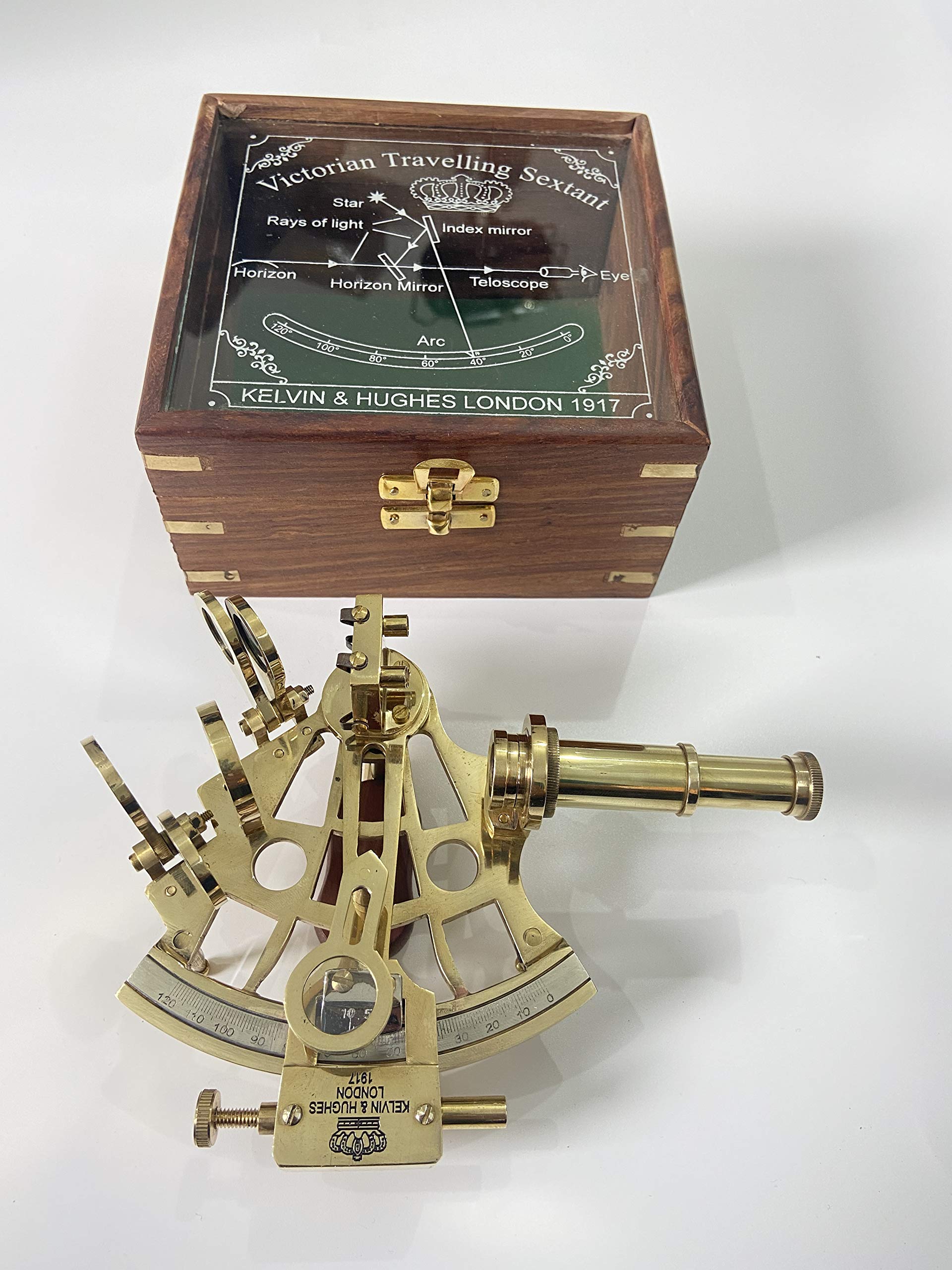 Malla - Sestante da lavoro in ottone realizzato a mano, 12,7 cm, con scatola in legno inciso, sestante di navigazione