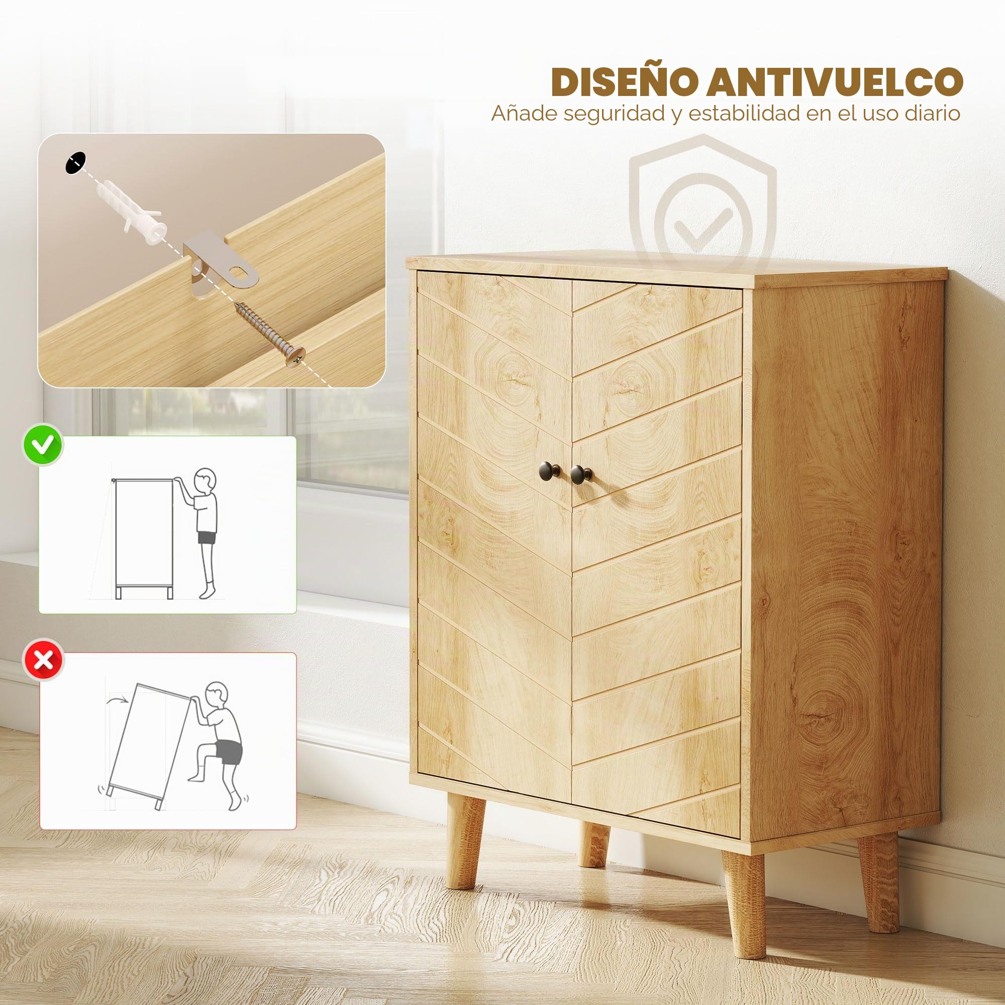 HOMCOM Aparador armario vintage 2 puertas chevrón acabado madera natural | Armario de almacenamiento de cocina moderno, patas de pino, salón cocina pasillo