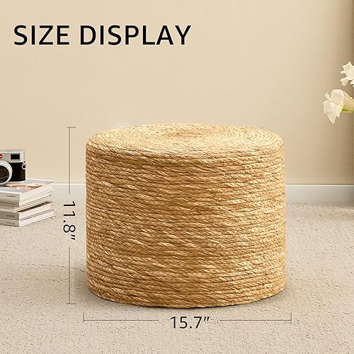 Miniatura 9 de Wimarsbon Puf redondo otomano, reposapiés tejido a mano natural, puf rústico, taburete bohemio, mesa decorativa o asiento (jacinto de agua natural,