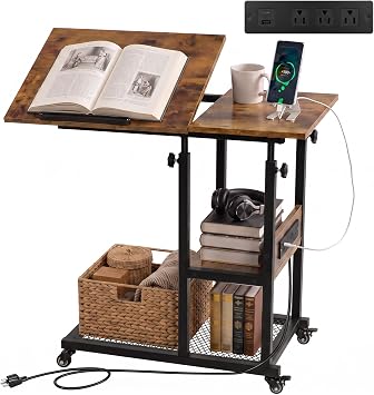 Hadulcet Adjustable C Table with Charging Station, Tiltable Desk C Shaped End Table for Couch, Over Bed Table with Wheels Adjustable Height, Hospital Table Laptop Stand Drawing Desk, Rustic Brown