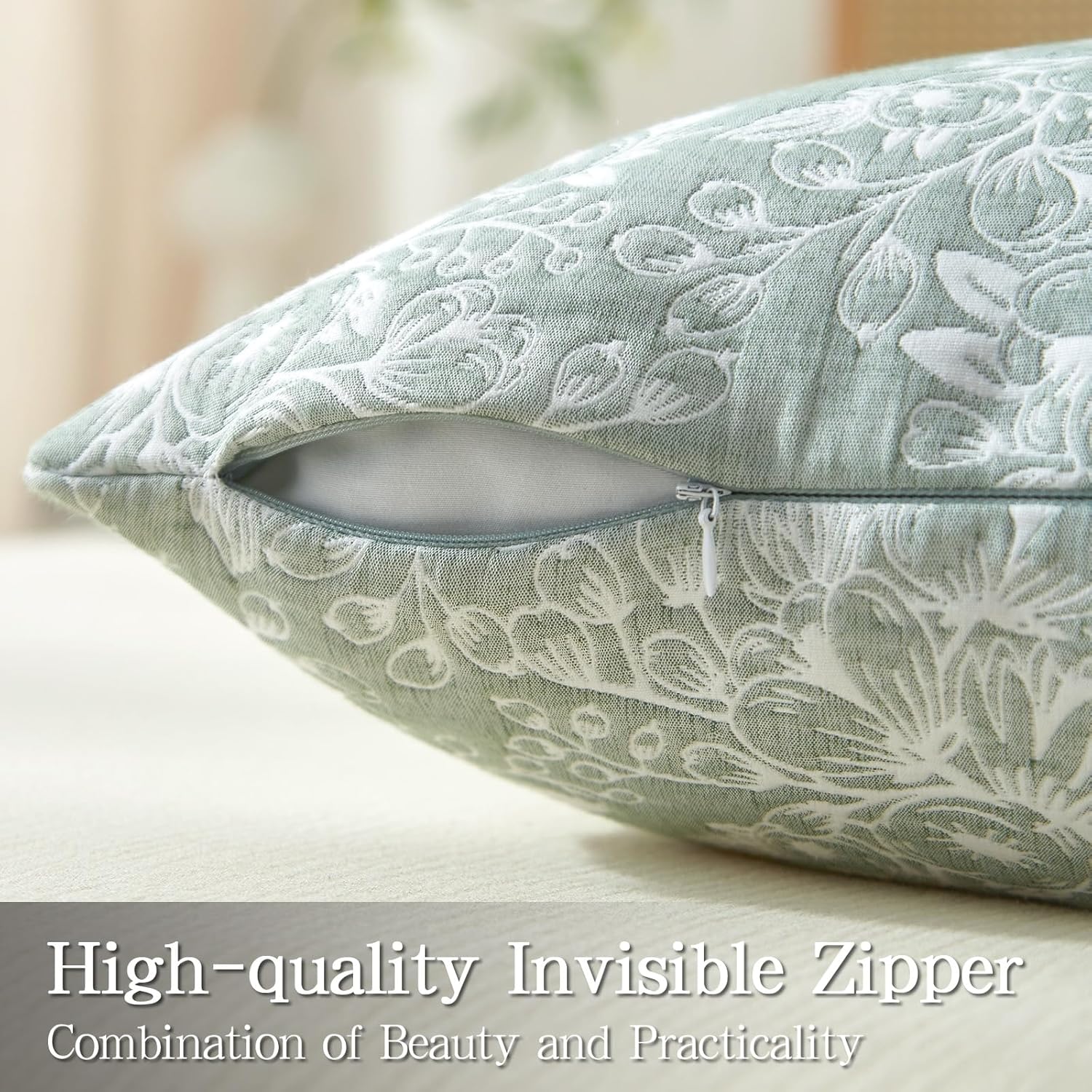 Bailix Floral Throw Pillow Covers 22x22 Set of 2 Vintage Jacquard Accent Decorative Cushion Covers with Soft Plush Feel Neutral Farmhouse Home Decor for Living Room Bedroom Couch Sofa Chair，Sage Green