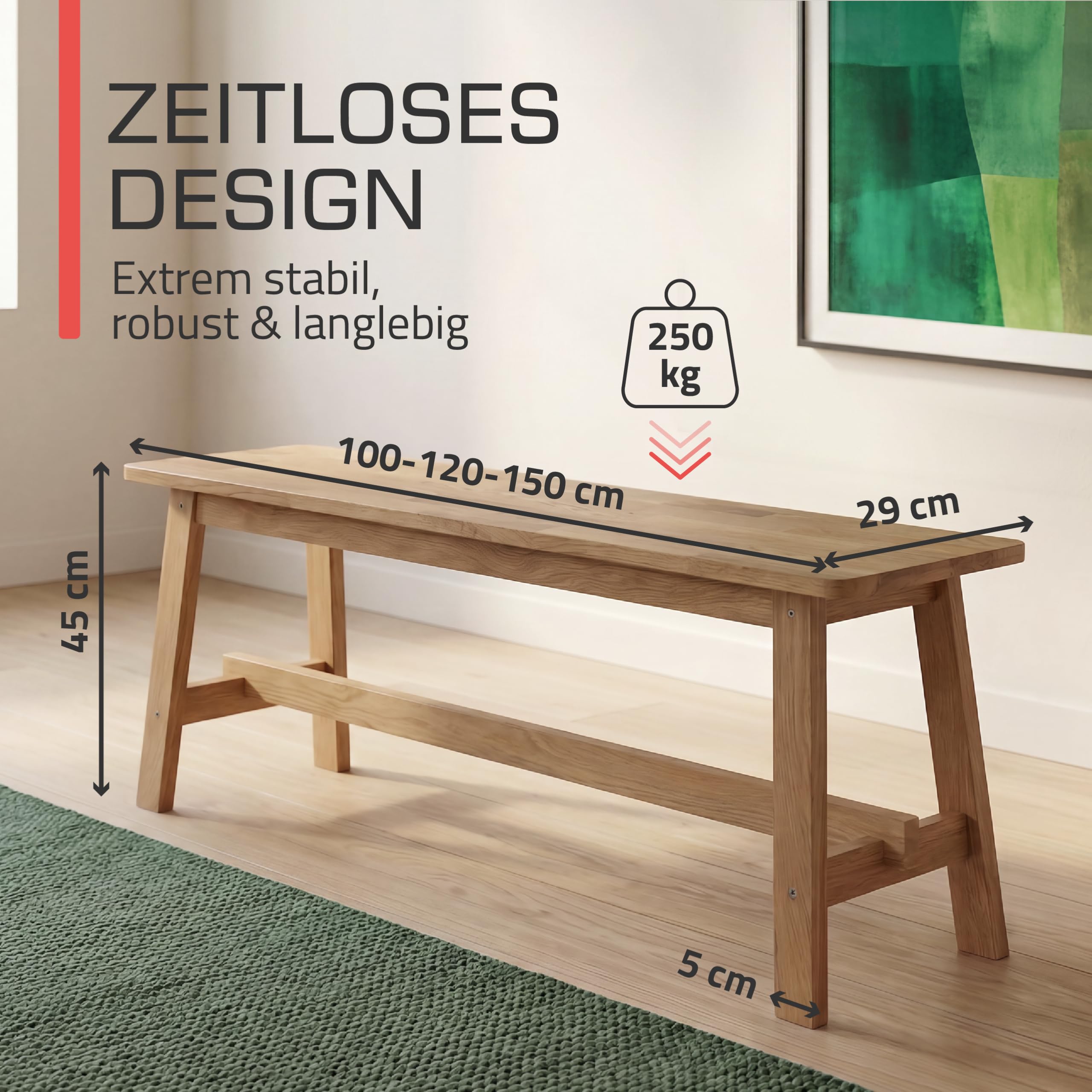 bomoe Holzbank FSC® Eichenholz Massiv Geölt Sitzbank bis 250 kg Flur Küche | 100x29x45cm 100cm lang Garderobenbank Flurbank Holz Esszimmer Badezimmer Bank Essbank Eichberg
