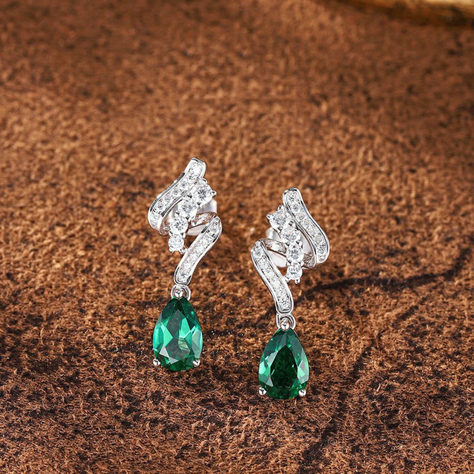 Pendientes de tuerca para mujer, oro blanco de 9 quilates, 14 quilates y 18 quilates, moissanita ondulada con lágrima de 2 quilates, colgante de esmeralda creado en laboratorio