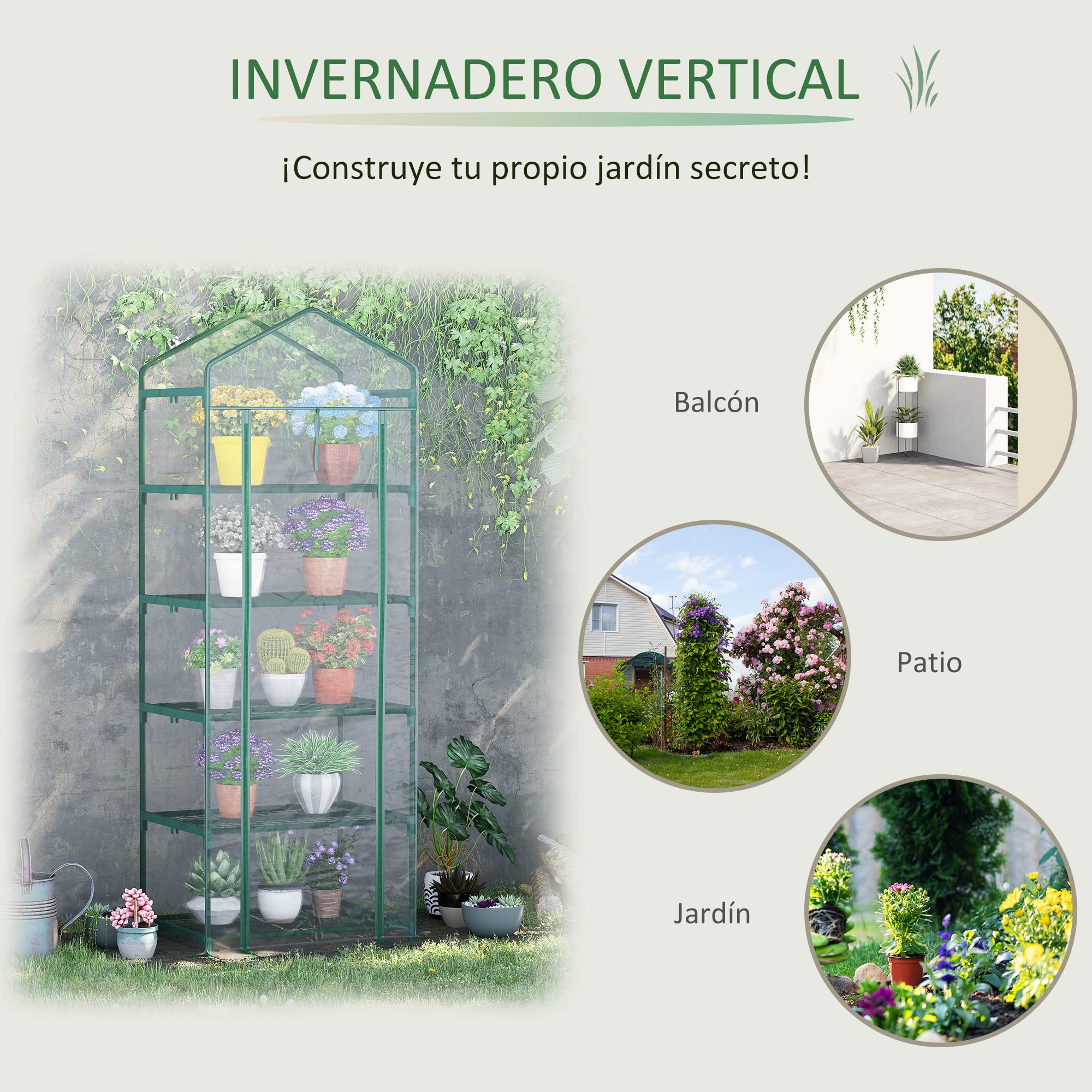 Outsunny Invernadero de Exterior 69x49x193 cm Invernadero Pequeño con 5 Estantes Puerta Enrollable con Cremallera Cubierta de PVC y Marco de Acero para Cultivar Plantas Flores Transparente