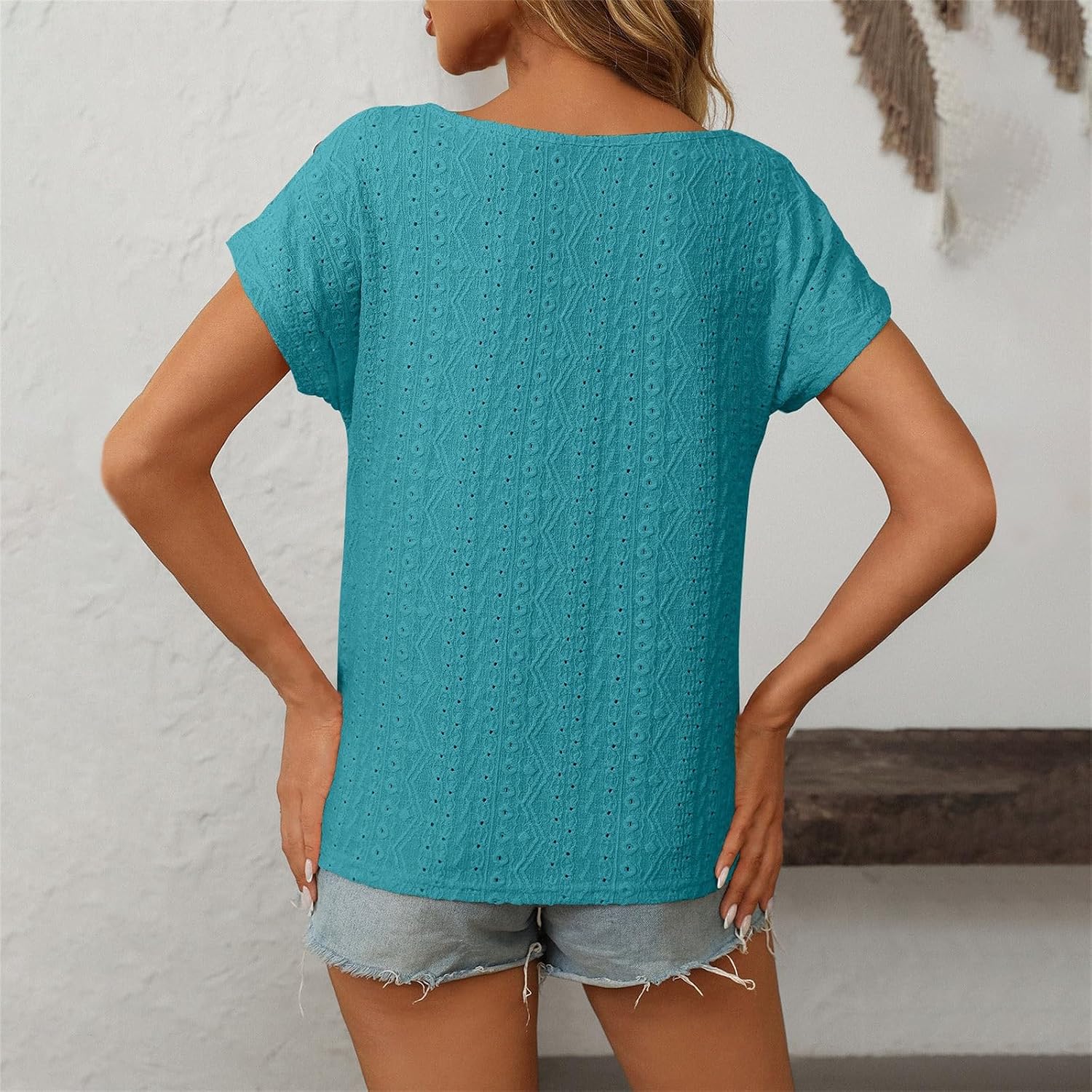 Women's Tops 2026 Summer Trendy Buttoned Short Sleeve Eyelet Shirts Ladies Dressy Casual Blouses Spring Clothes