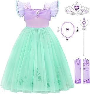 JerrisApparel Little Mermaid Costume For Girls Princess Dress Cosplay Role Play Outfit Accessories (Purple with Accessories, 4-5 Years)
