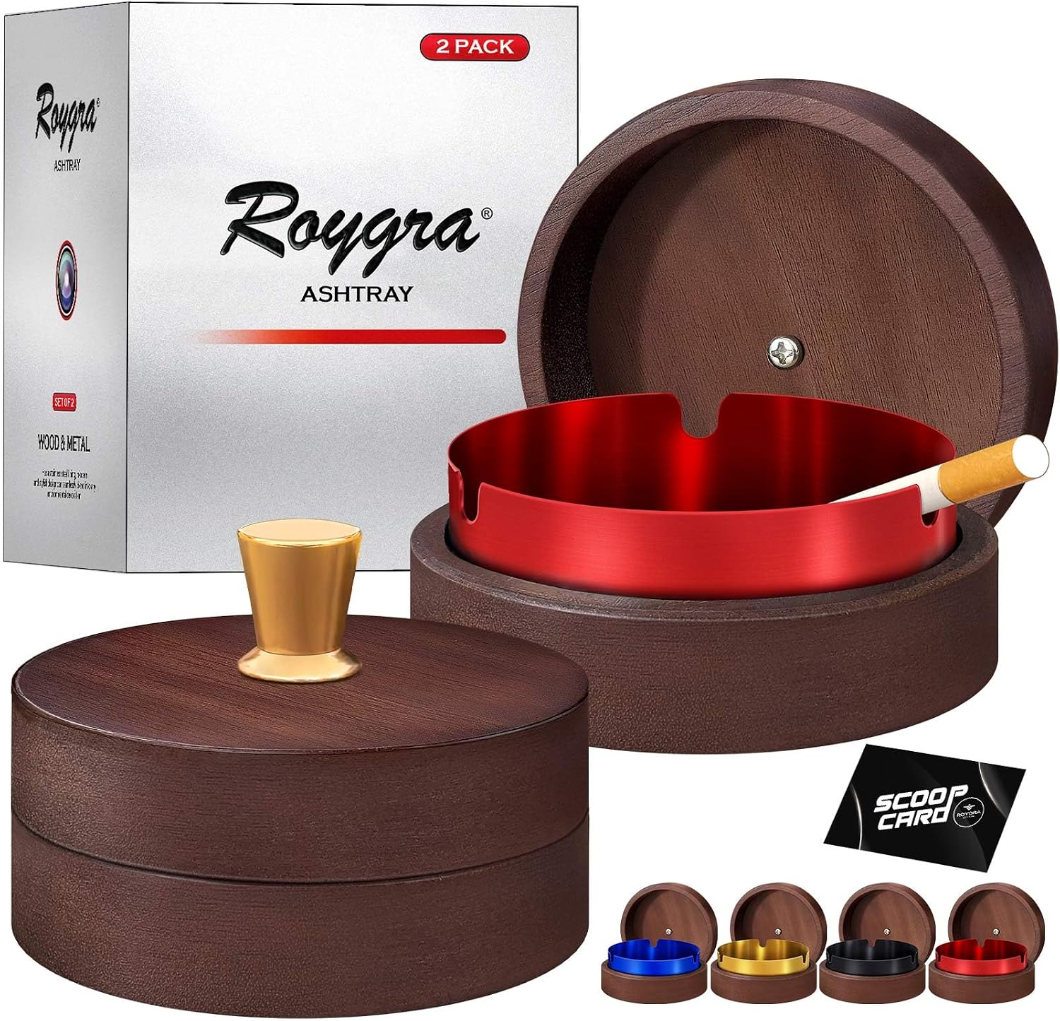 roygra Wooden Ash Tray with Lid (2 Pack), Outdoor Ashtray for Outside Patio, Smokeless Ashtrays for Cigarettes with 3 Holder, Smoking Accessories, Home Décor, Ashtrays for Smokers Indoor - Silver