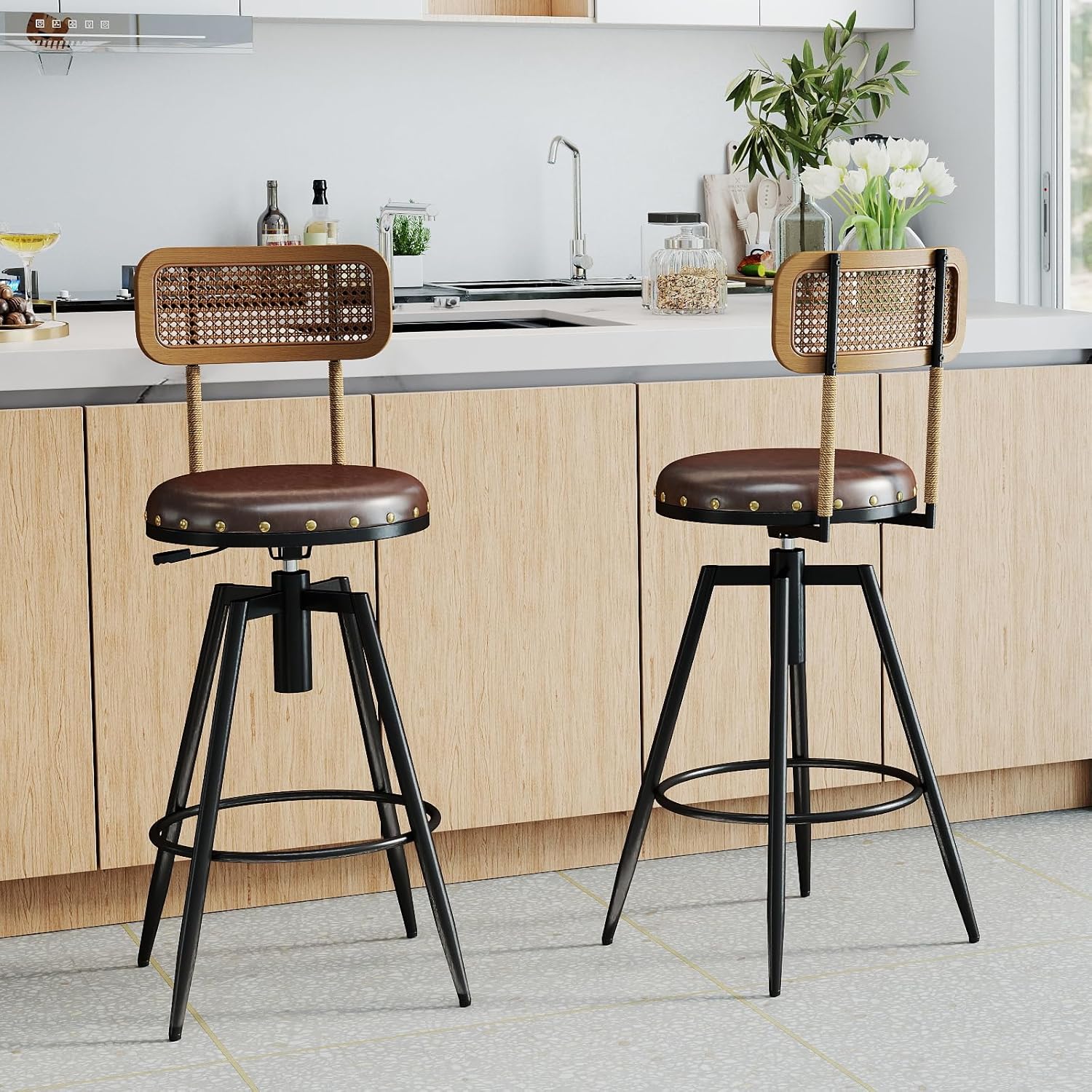 Farmhouse Bar Stools Set of 2 with Backs, 42 Inch Rustic Wooden Swivel Barstools, Adjustable Counter Height Stools Bar Chairs for Kitchen Island, Dining Room, Home Bar Furniture