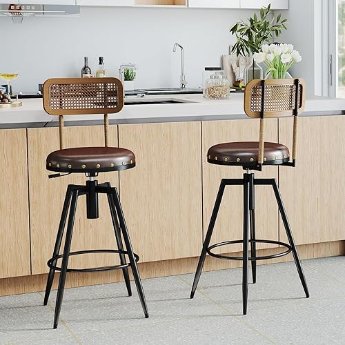 Juego de 2 taburetes de bar de granja con respaldo, taburetes giratorios de madera rústica de 42 pulgadas, taburetes de altura de mostrador, sillas