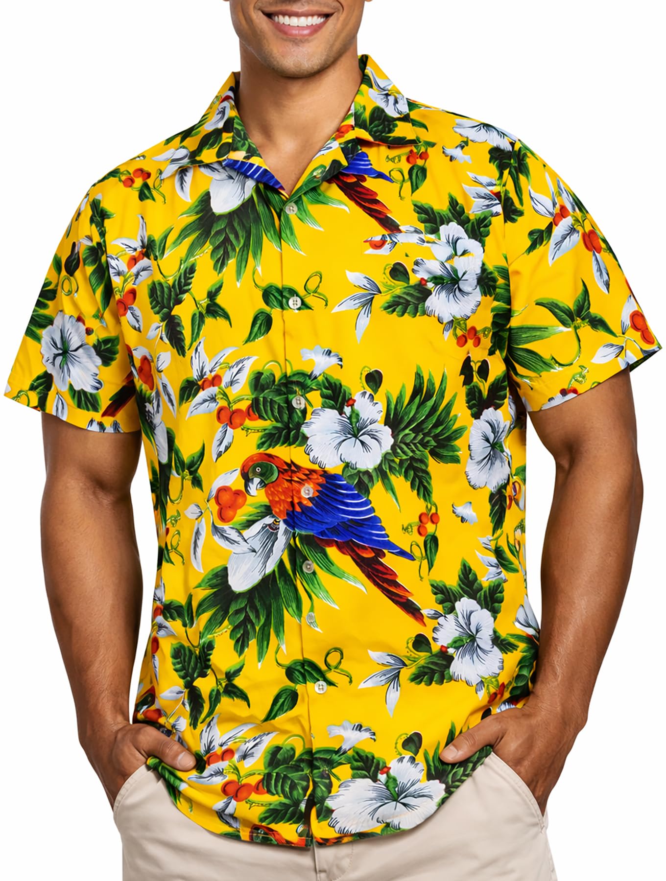 King Kameha Men's Yellow - Cherryparrot Hawaiian Shirt For – Tropical ’S Hawaiian Shirt Short Sleeve, Cherryparrot, Yellow, Xxl