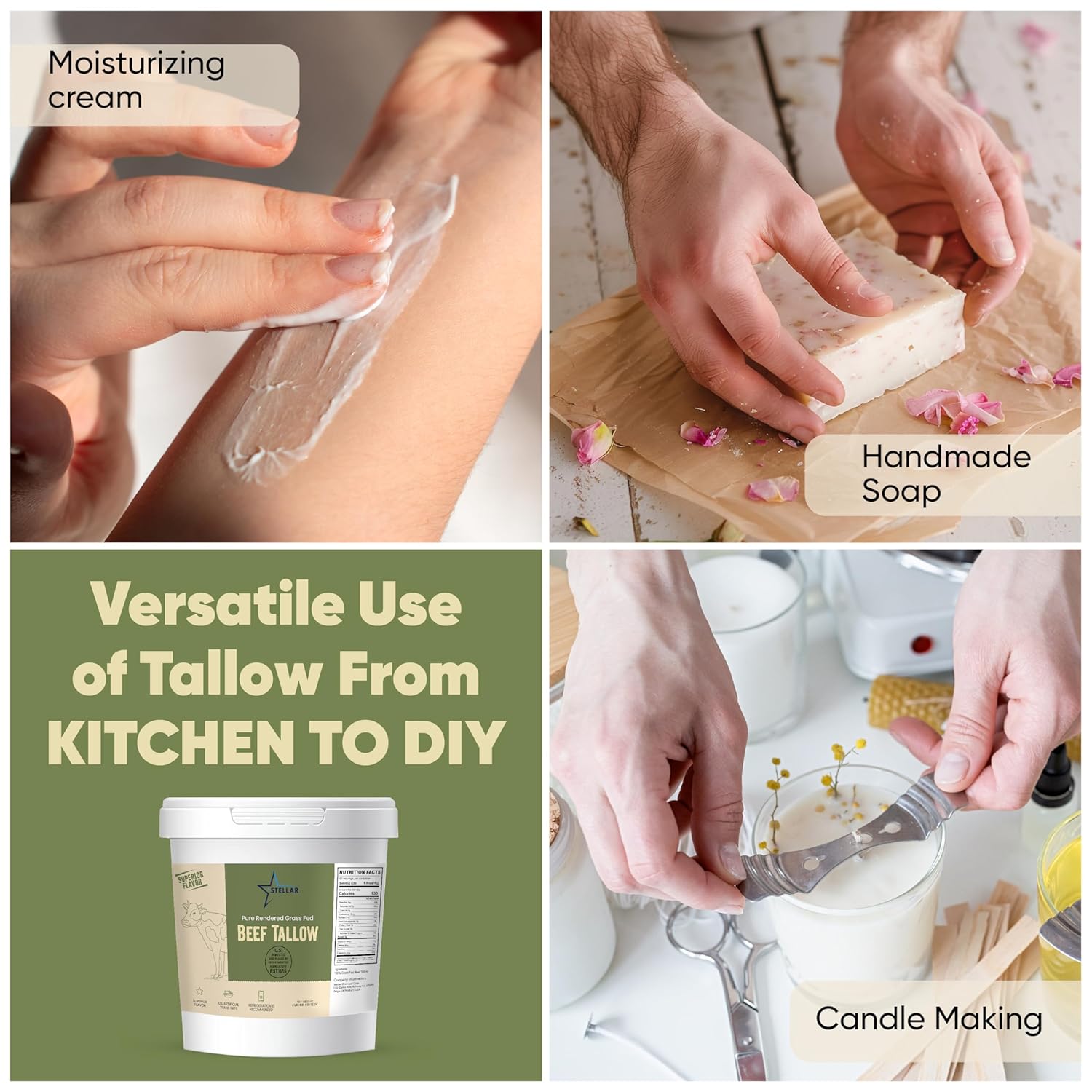 Stellar Beef Tallow for Cooking – 100% Grass-Fed & Finished Rendered Tallow | Cooking Fat for Frying, Baking & Searing | Keto, Paleo Friendly | 32 oz (2 lbs)