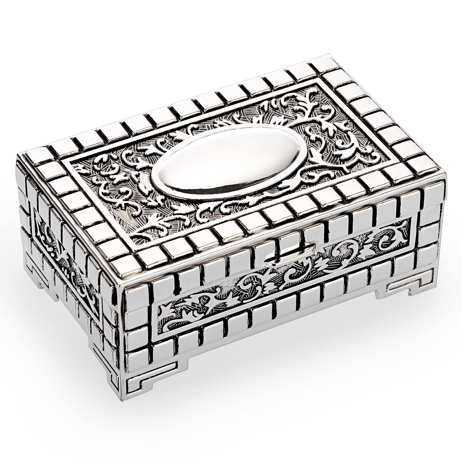 IGNPIONIGNPION Vintage Engraved Jewellery Box Small Trinket Display Case for Ring Necklaces Earrings Storage Organizer Case Antique Silver Mini Keepsake Box (Small)
