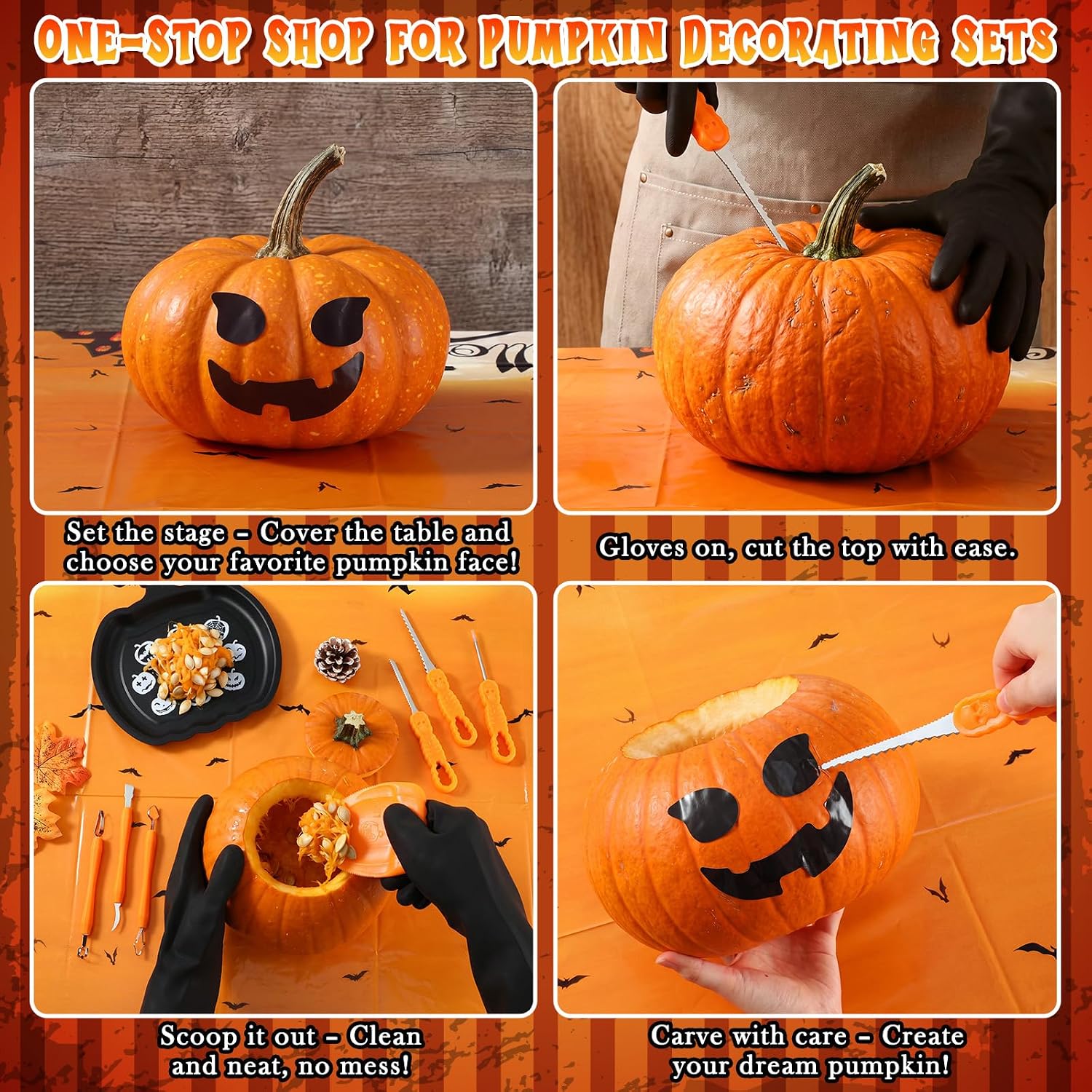 Yungyan Halloween Pumpkin Carving Kit, 10 Carving Tools Protective Gloves, Halloween Tablecloth, Pumpkin Stickers. LED Candles, Plate, Spoon, Jack O Lantern Decorating Kit