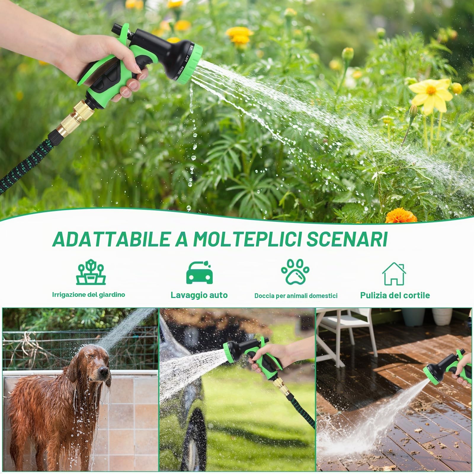 Tubo da giardino espandibile da 30 m con ugelli a 10 funzioni, dotato di raccordi da 3/4 pollici e 1/2 pollici, tubo flessibile dell'acqua a prova di perdite, tubo telescopico per giardinaggio