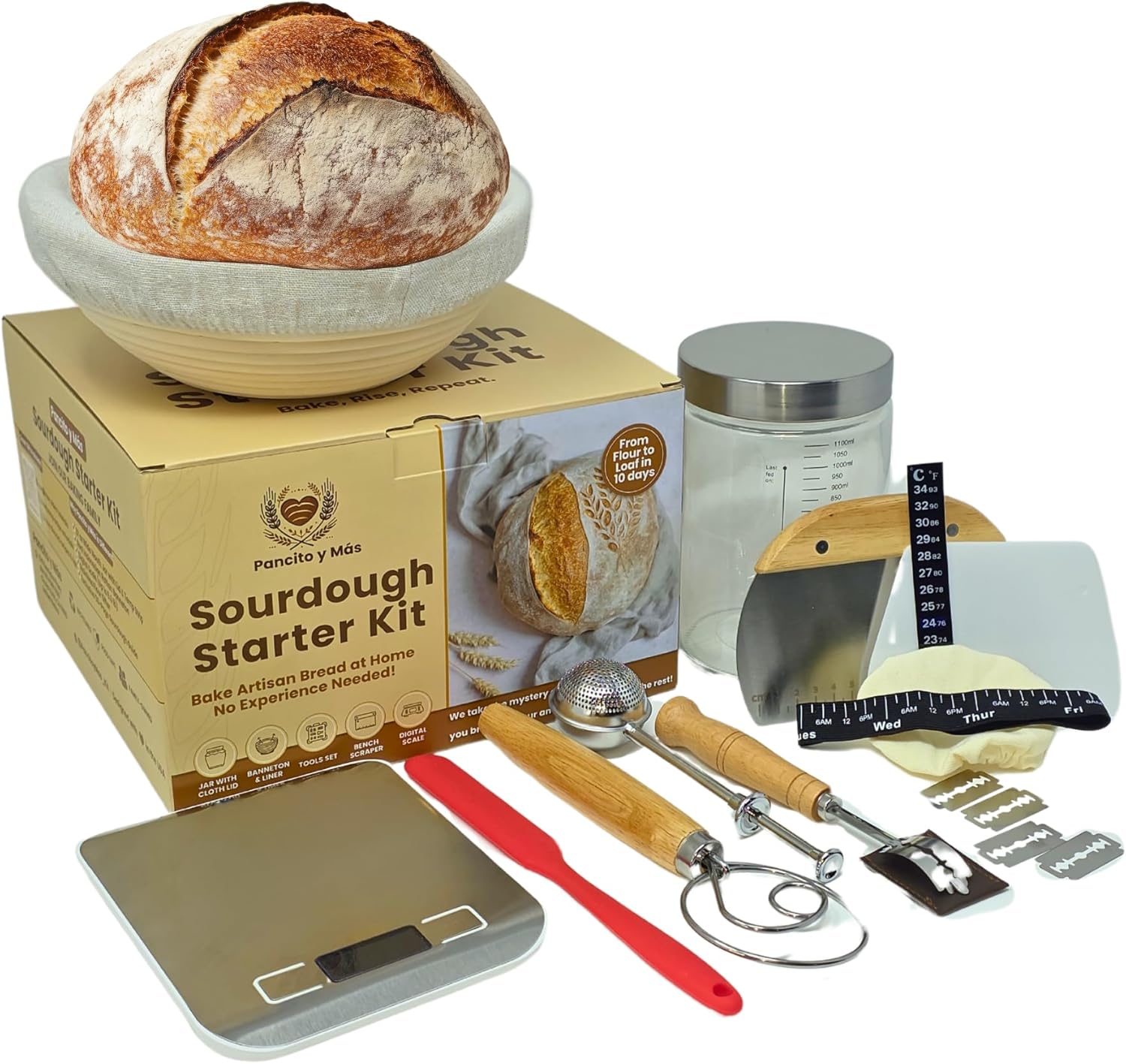 Sourdough Starter Kit with Digital Scale & 37oz Jar – 12-Piece Complete Bread Baking Set for Beginners with Banneton, Bread Sling & Step-by-Step Guide